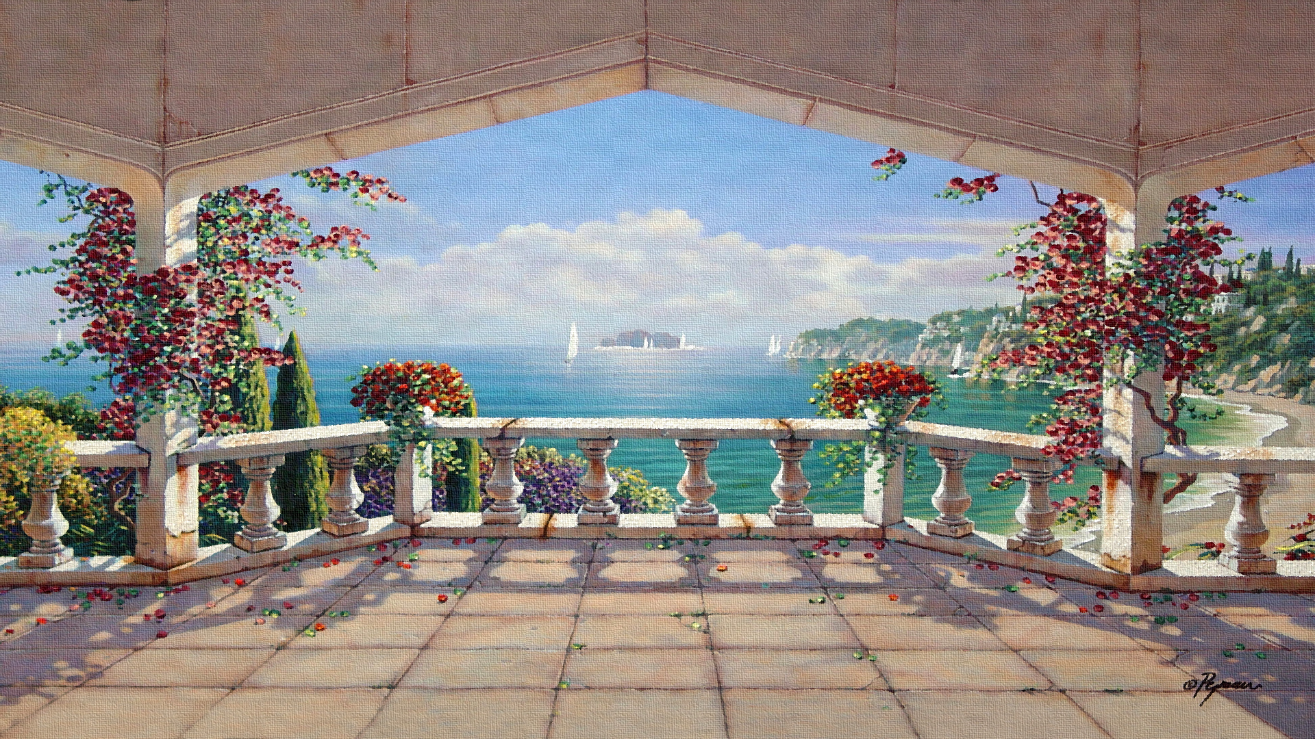 General 1920x1080 painting Italy sky flowers sea clouds water
