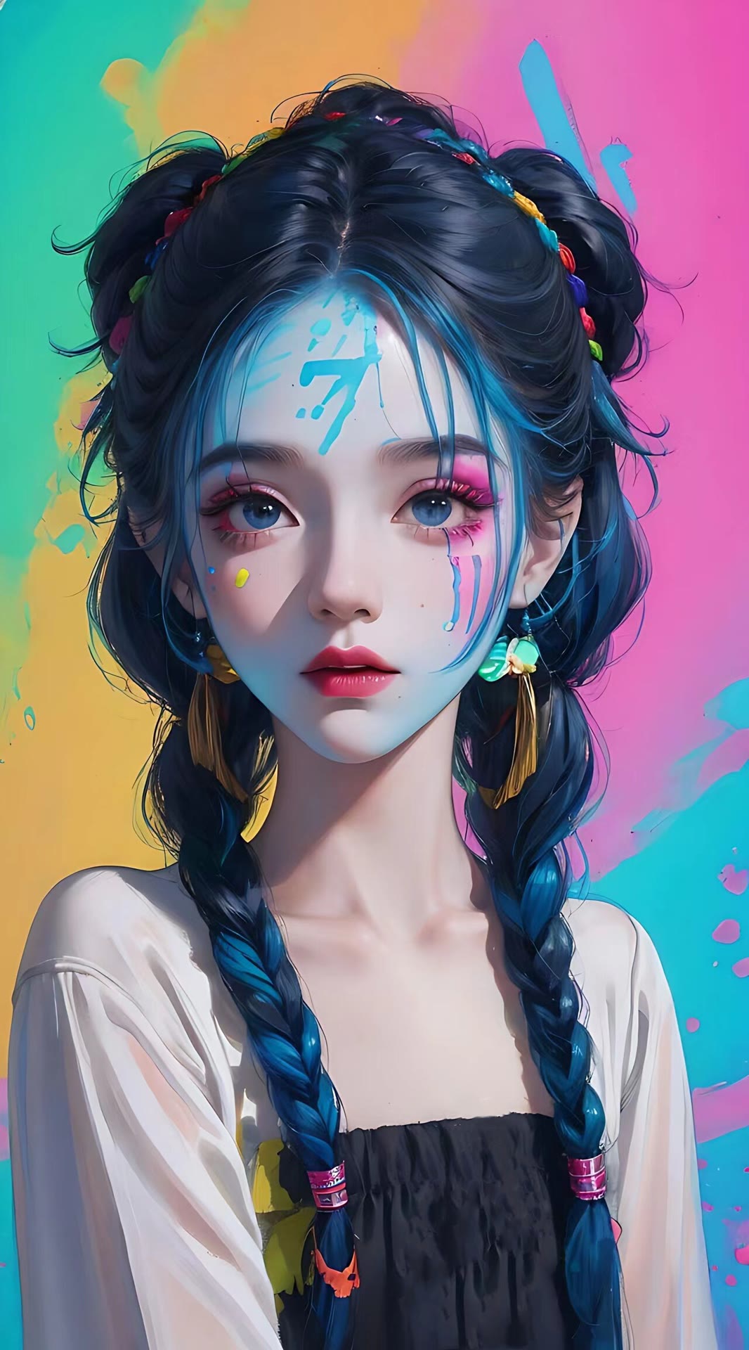 Anime 1066x1920 AI art face paint Asian women portrait display colorful braids twintails looking at viewer