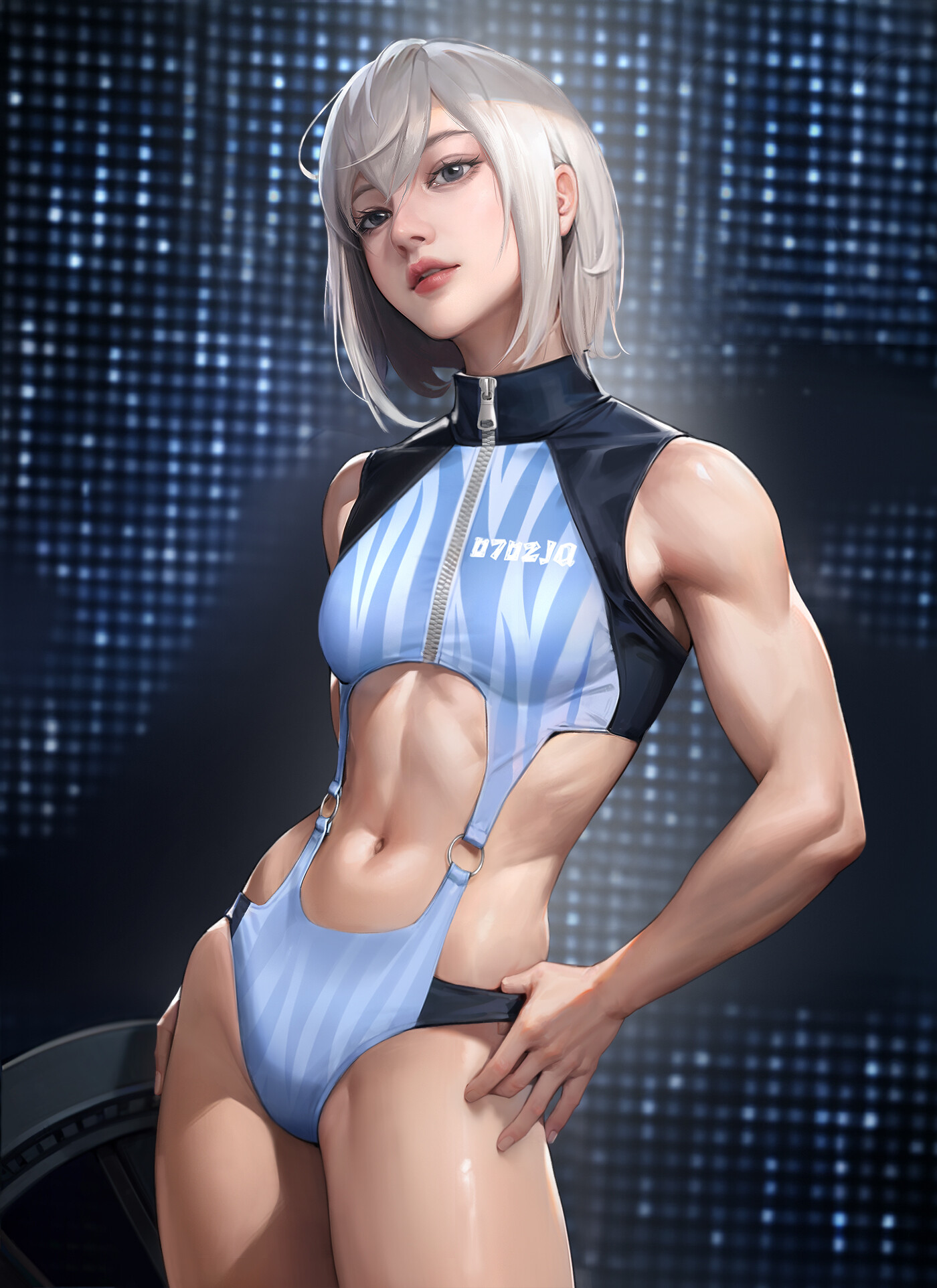 General 1400x1924 Qi Miao drawing women silver hair sportswear bodysuit blue clothing stripes blue portrait display looking at viewer short hair muscles belly button