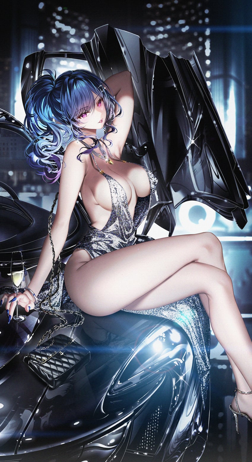 Anime 850x1555 Junpaku Karen Azur Lane portrait display sitting anime girls legs crossed Saint Louis (Azur Lane) chainmail halter dress car chainmail halter building sky boobs thighs legs cocktail dress blue nails purple eyes ponytail blue eyes long hair smiling champagne drink purse night gradient gown cup jewelry depth of field head tilt women with cars backless backless dress necklace hair ornament dress looking at viewer headlights