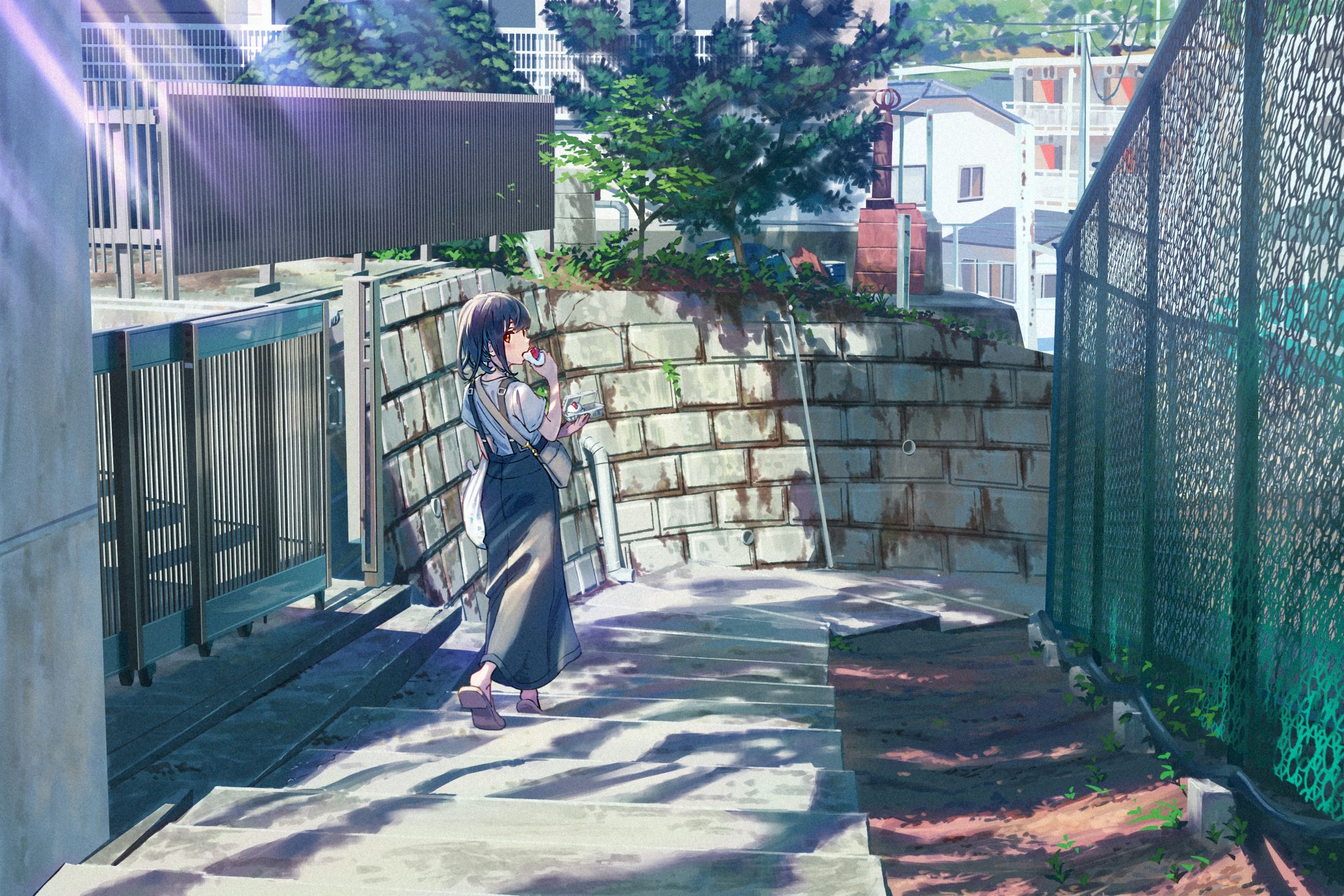 Anime 2067x1378 Japan digital car digital art anime girls looking at viewer sunlight fence stairs eating looking back