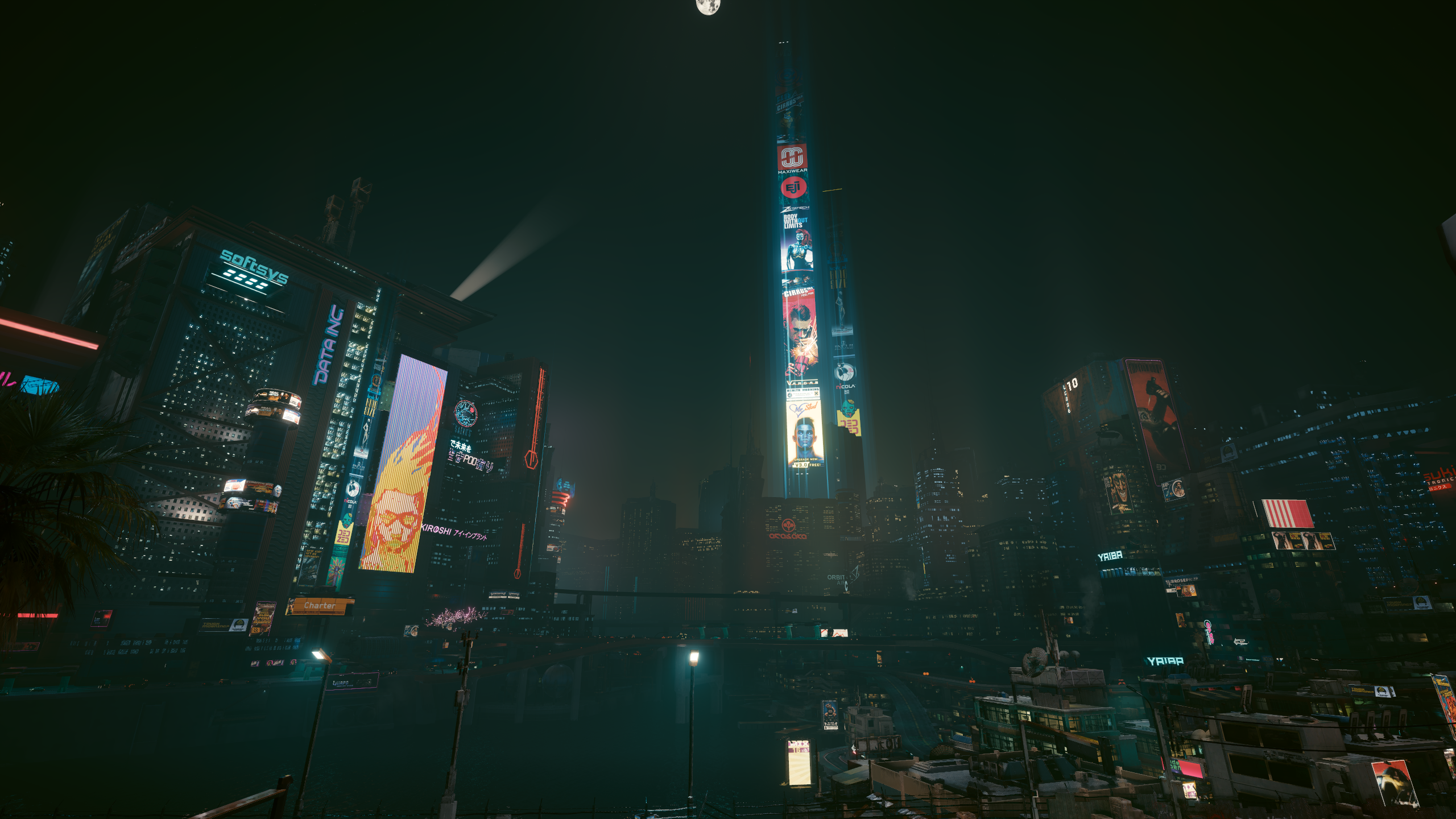 General 2560x1440 cyber game concept Cyberpunk 2077 CD Projekt RED city video games city lights night Moon building CGI