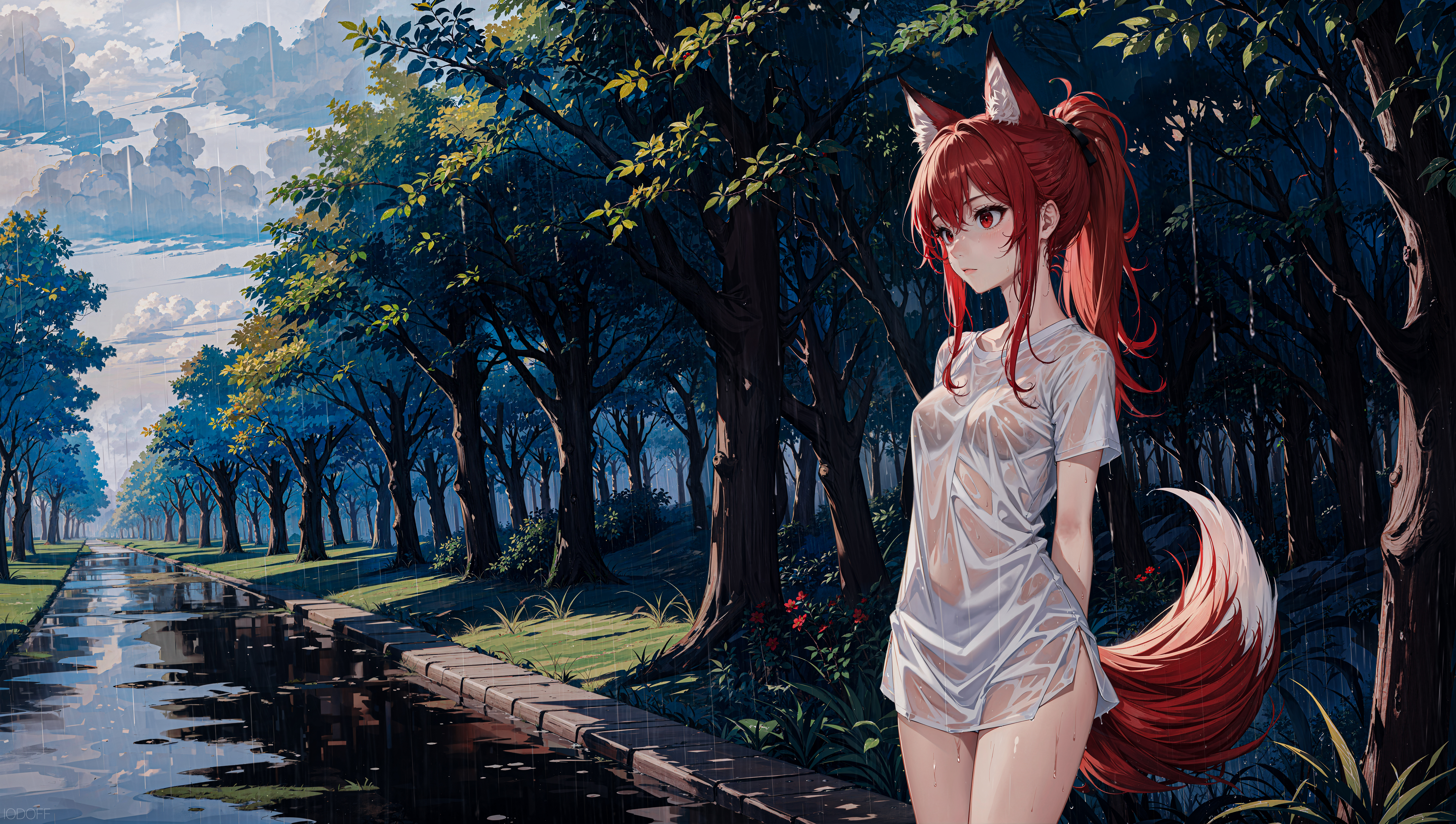 Anime 7674x4344 AI art rain wet clothing see-through clothing see-through shirt fox ears animal ears anime girls forest fox girl fox tail water trees clouds ponytail wet redhead wet body flowers looking away Iodoff