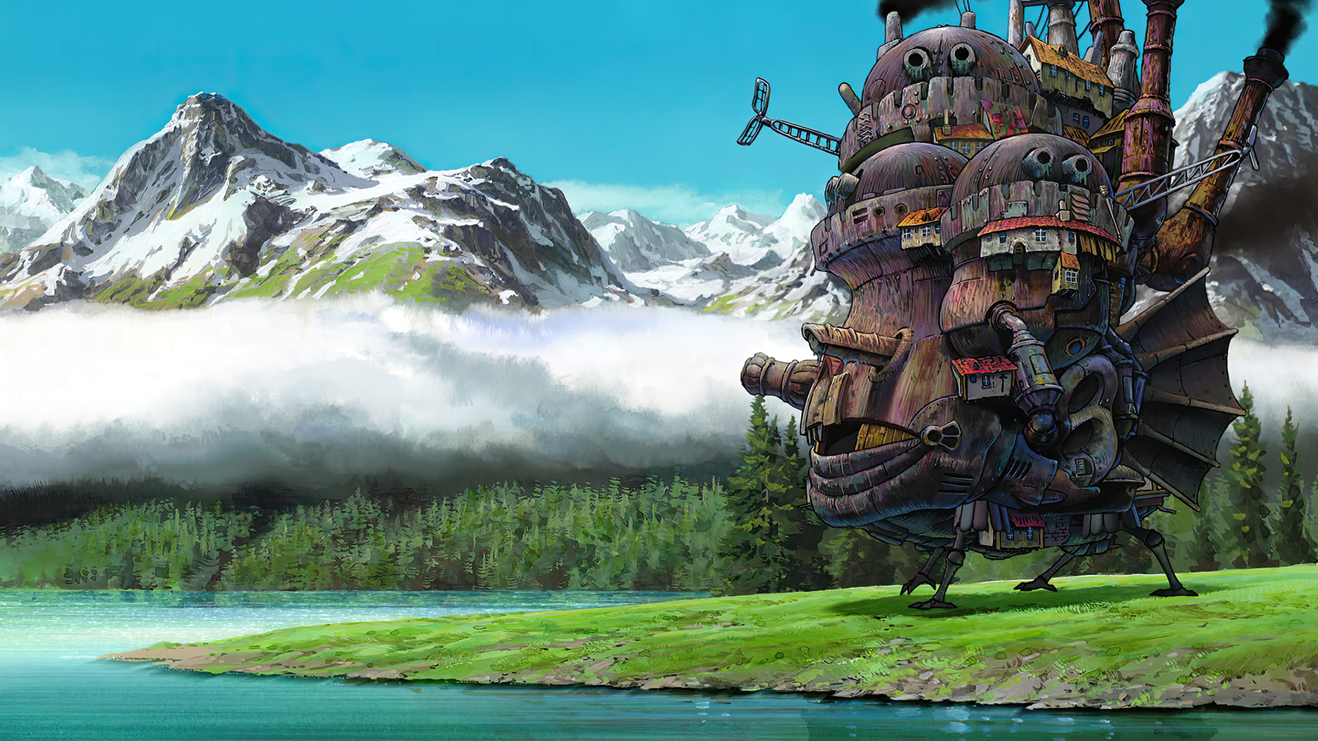Anime 1920x1080 Howl's Moving Castle animated movies anime animation film stills Studio Ghibli Hayao Miyazaki mountains sky clouds water trees forest