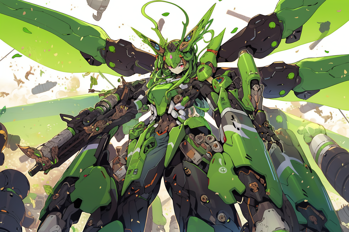 Anime 1344x896 mech suits female warrior insect anime girls wings AI art looking at viewer