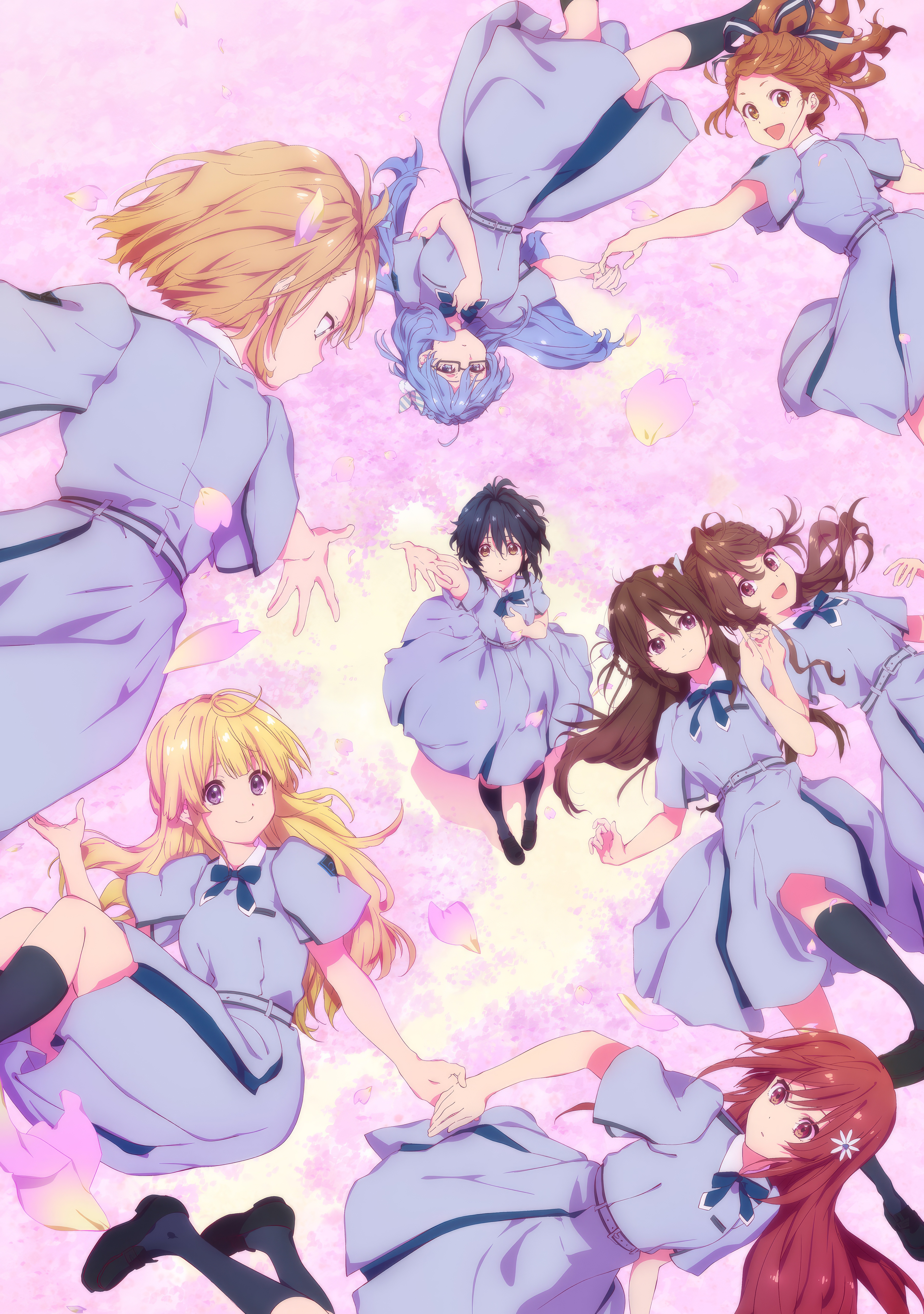 Anime 3600x5120 22/7 anime girls dress portrait display schoolgirl school uniform petals smiling glasses long hair arms reaching bow tie