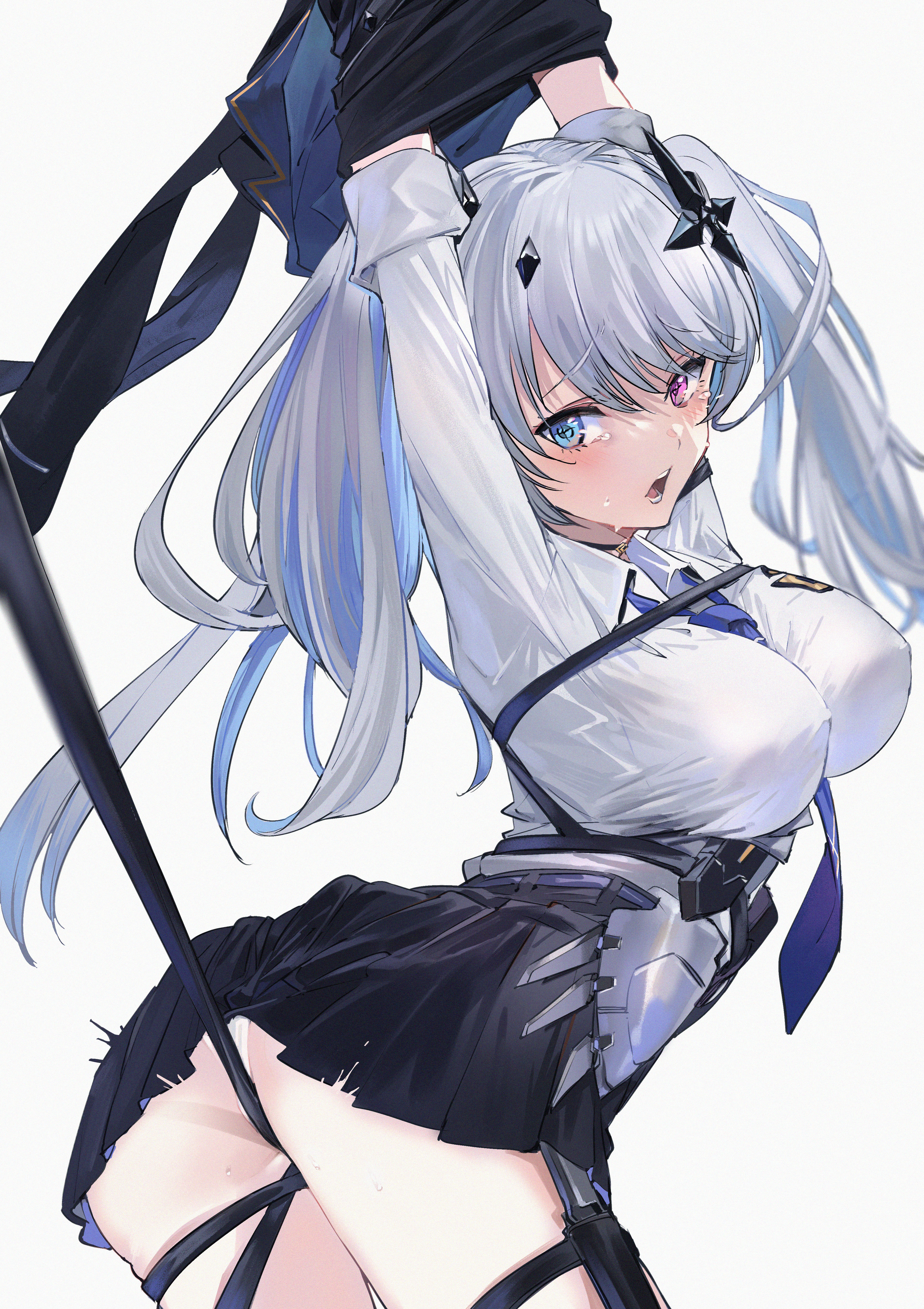 Anime 3541x5016 Virtual Youtuber anime girls fan art Tentei Forte portrait display ass big boobs heterochromia twintails looking at viewer blushing tears upskirt item between boobs white background simple background long hair