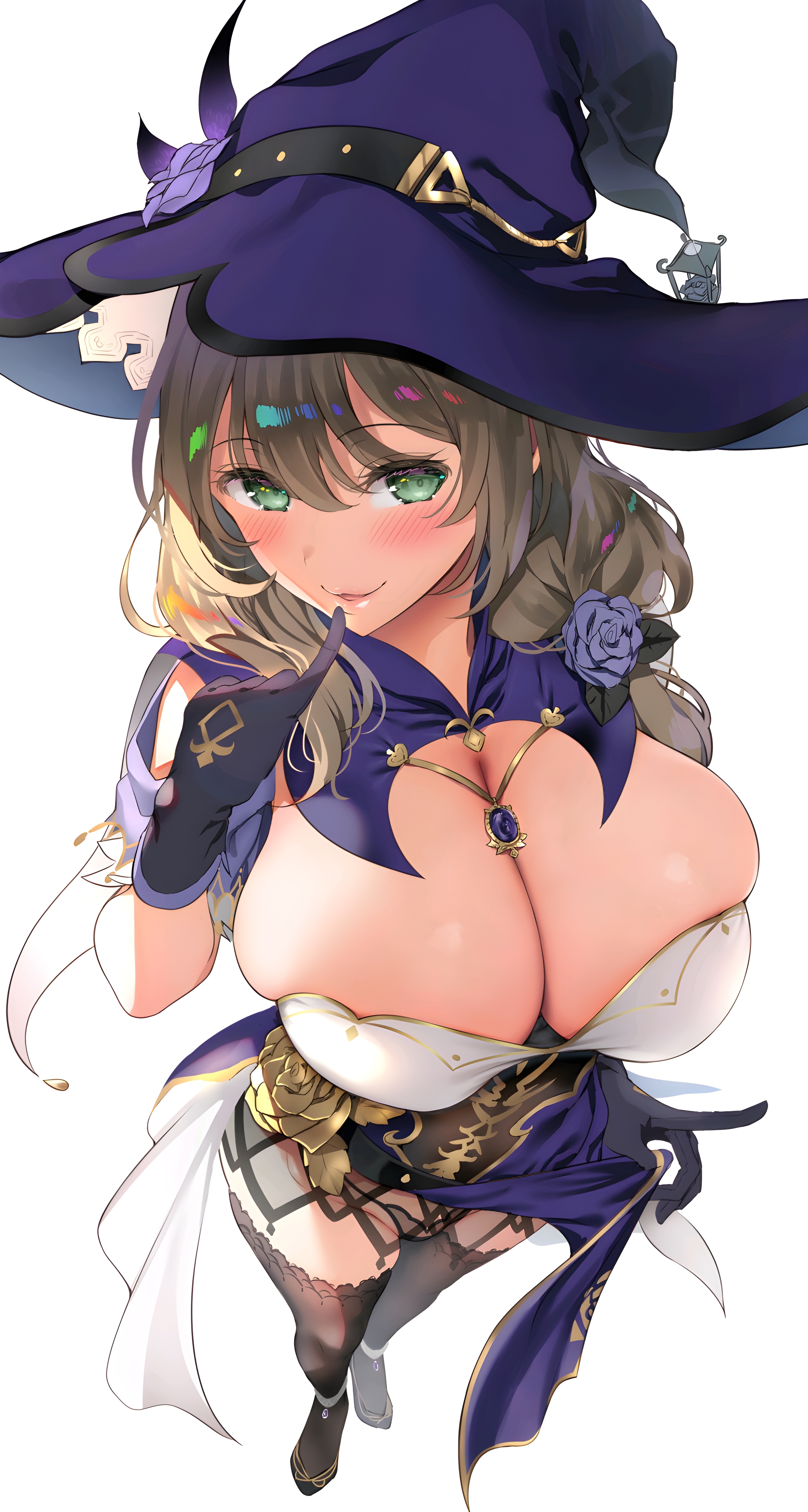 Anime 2992x5600 Genshin Impact Lisa (Genshin Impact) portrait display anime girls cleavage big boobs looking at viewer blushing witch hat gloves white background simple background stockings huge breasts