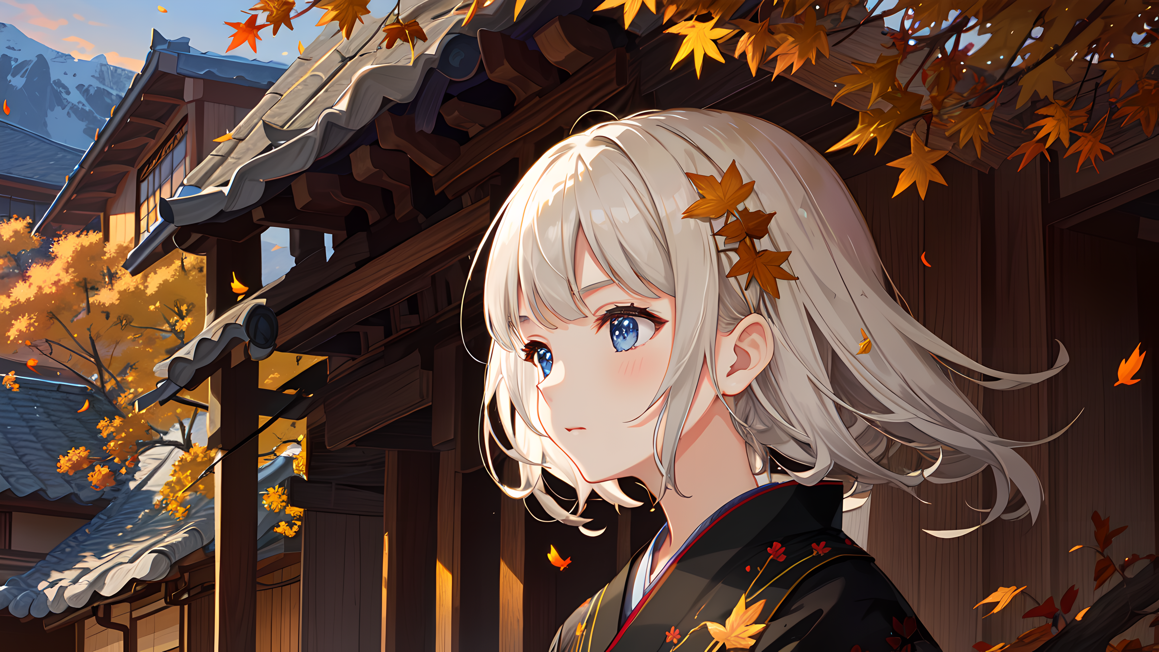Anime 3840x2160 AI art anime girls maple leaves outdoors white hair hair ornament short hair kimono leaves looking away