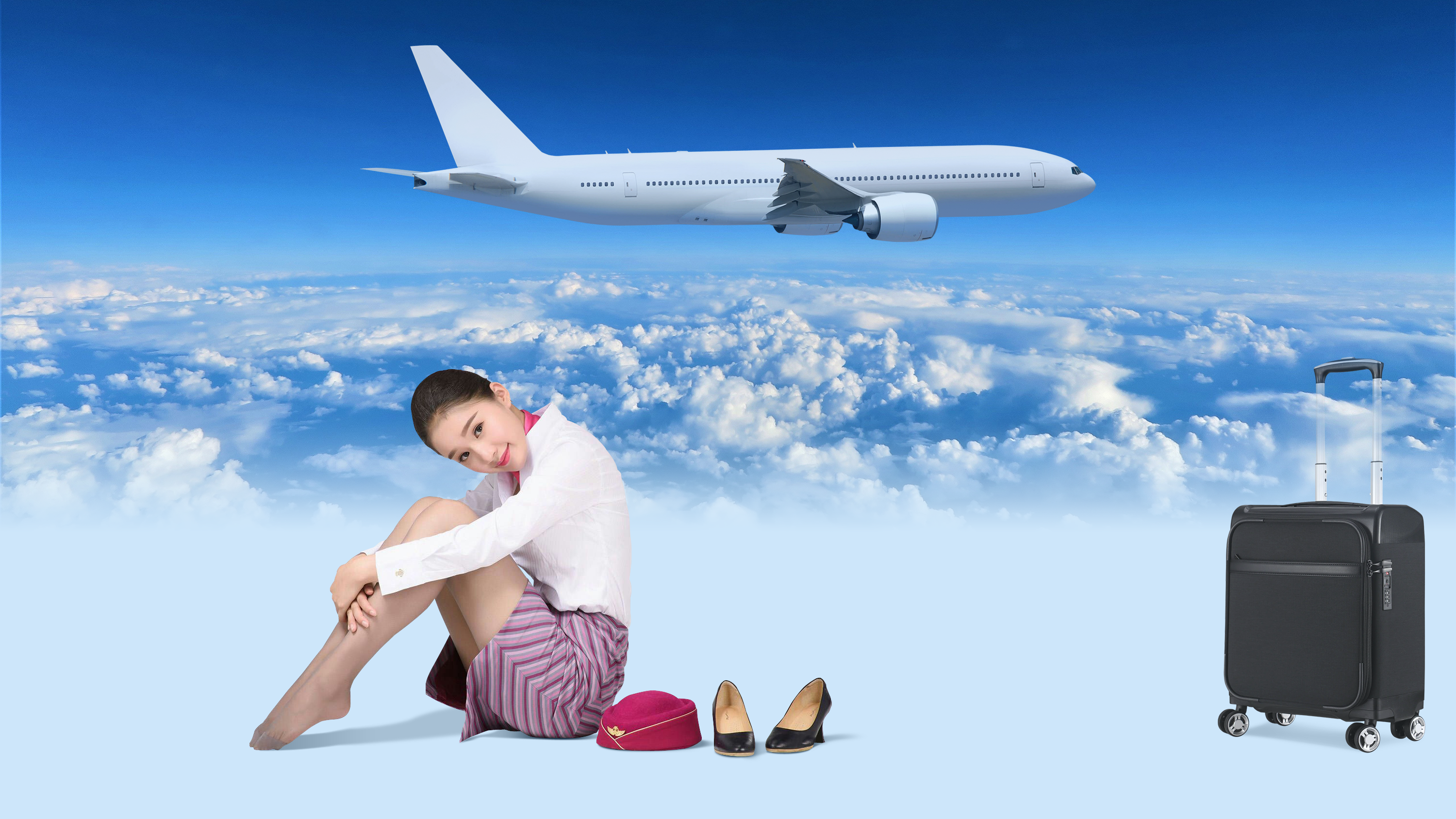 People 3000x1688 flight attendant reinforced toe airplane Asian pantyhose aircraft sky clouds looking at viewer smiling women