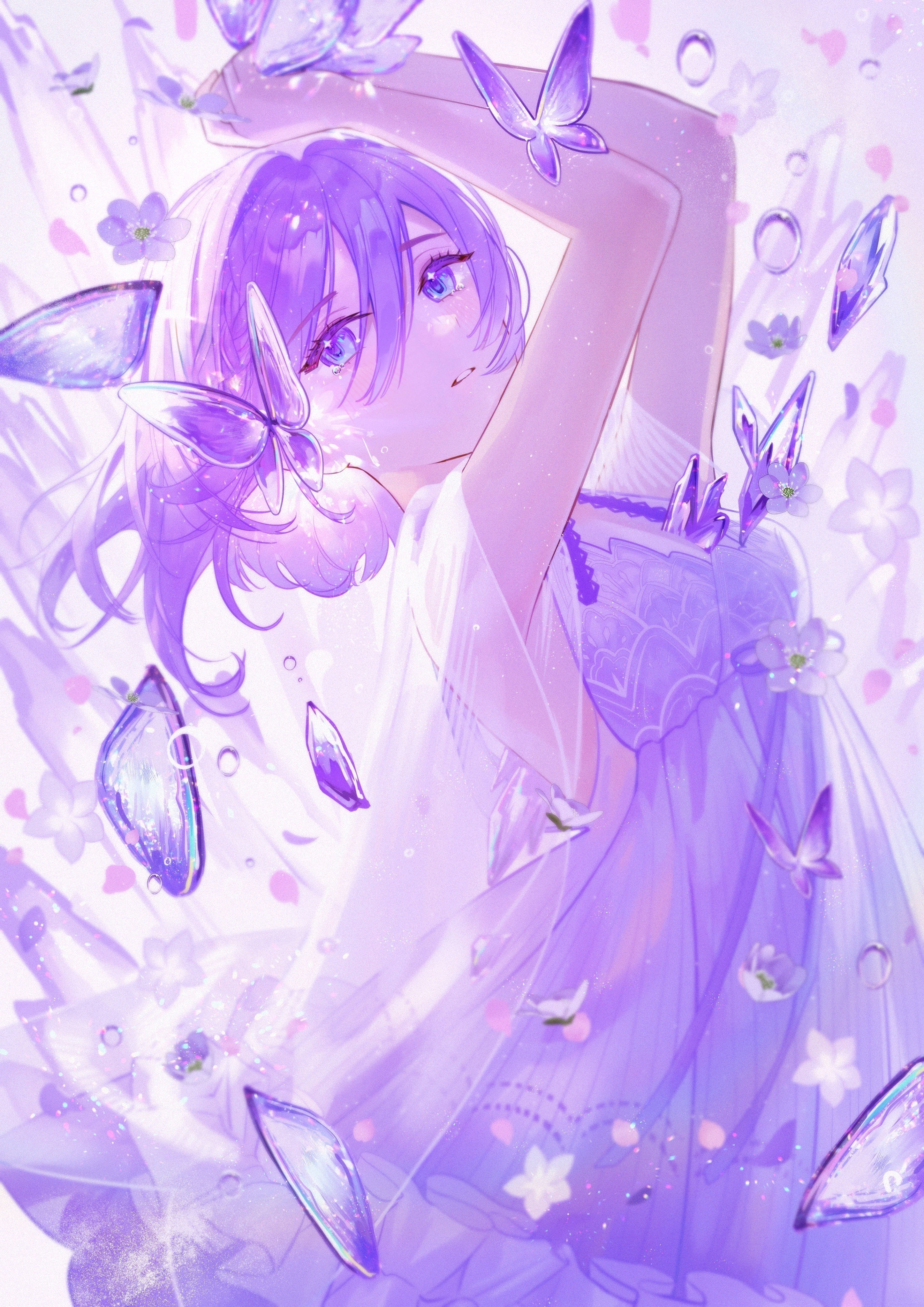 Anime 2894x4093 anime anime girls Hamaru portrait display hair between eyes dress looking at viewer blue eyes purple hair parted lips arms up sleeveless butterfly insect broken glass flowers petals bright background frills see-through clothing long hair
