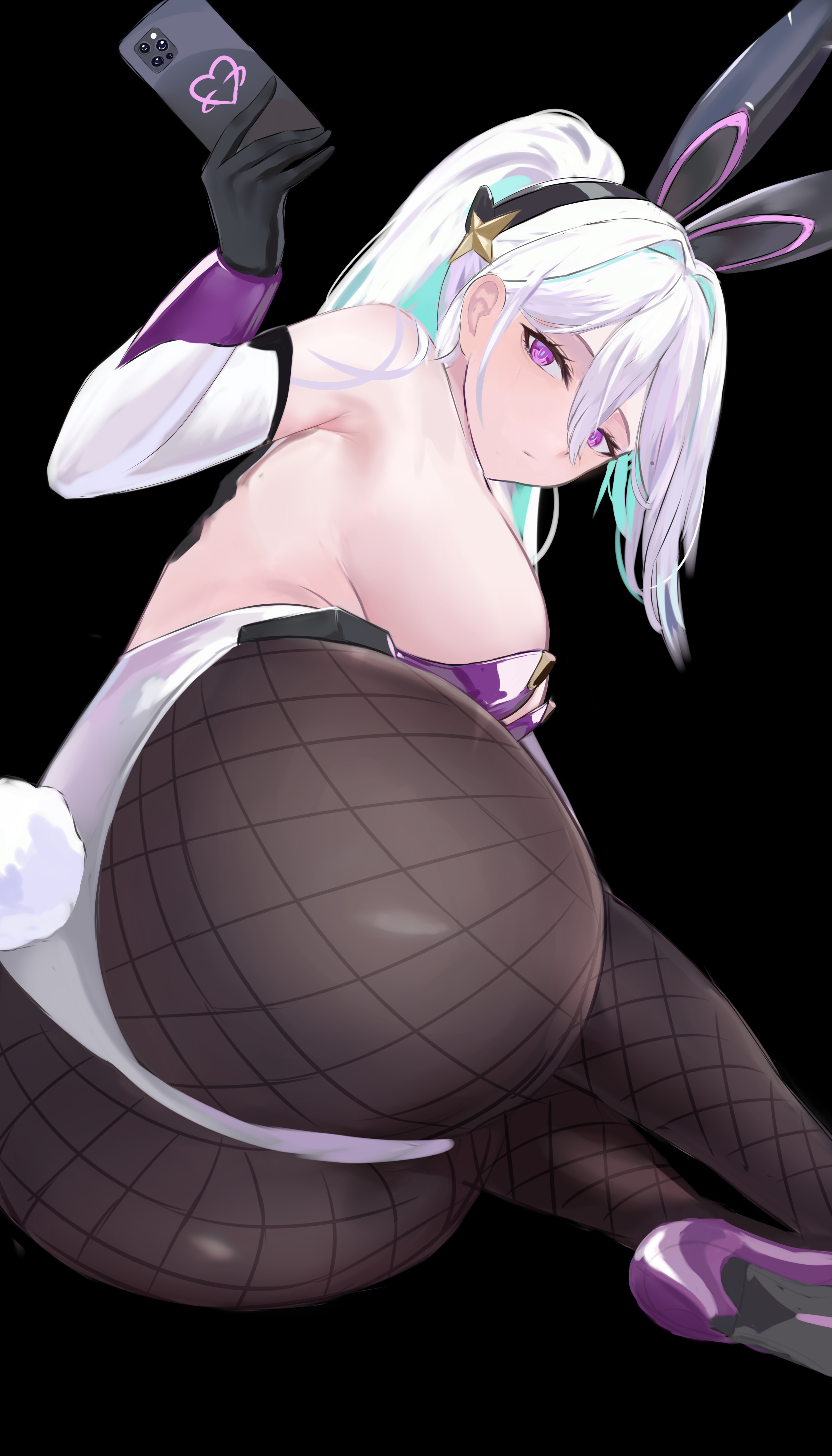 Anime 3000x5250 anime anime girls Kearsarge (Azur Lane) Azur Lane pantyhose fishnet pantyhose heels looking back long hair huge breasts phone holding phone rear view simple background ass black background ponytail two tone hair purple eyes backless bunny suit bunny ears bunny tail elbow gloves gloves sideboob Chiyu1182 portrait display fishnet