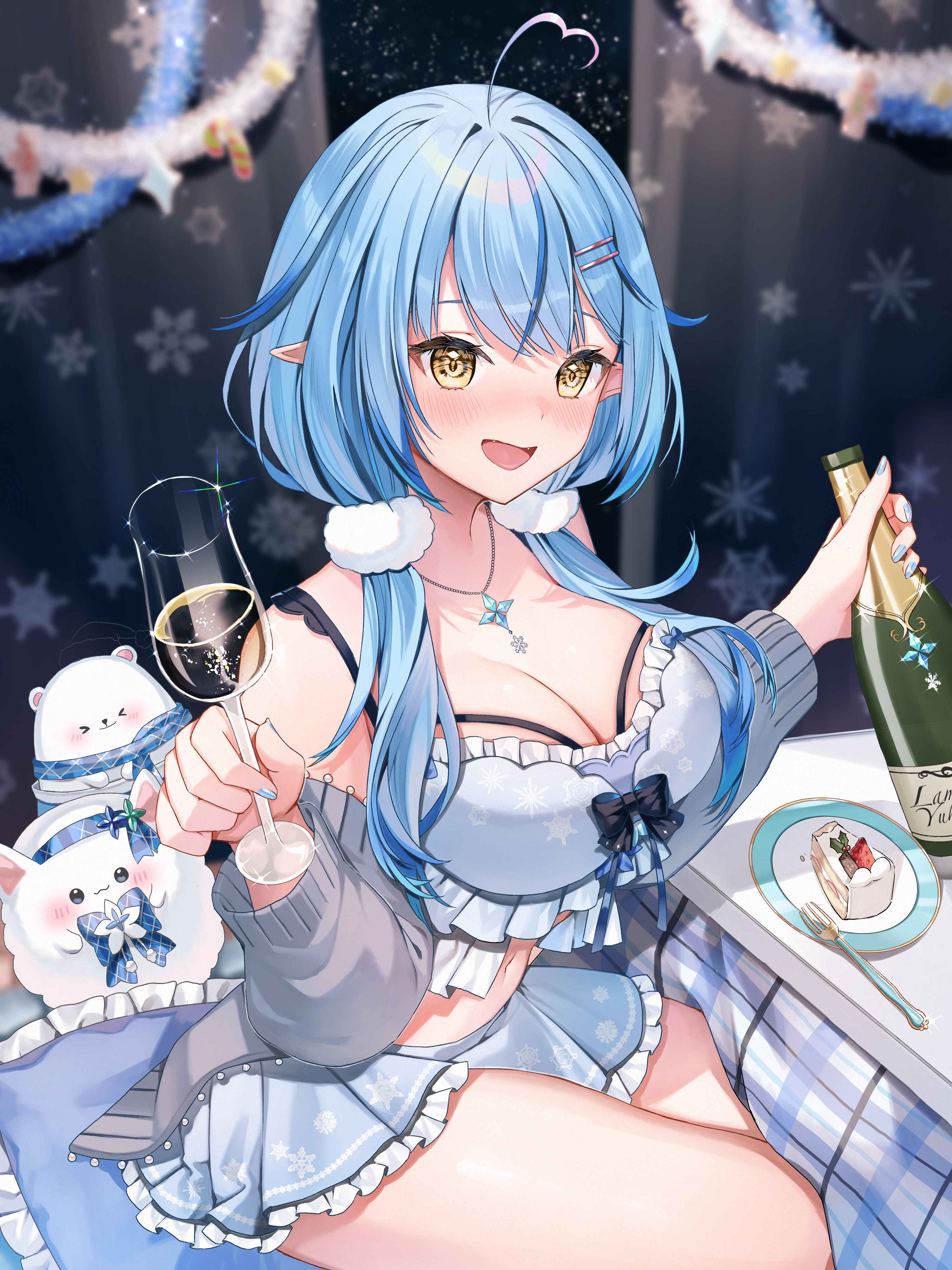 Anime 3000x4000 anime anime girls Yukihana Lamy Hololive Virtual Youtuber sitting looking at viewer ahoge cleavage open mouth pointy ears blue hair yellow eyes big boobs hair ornament frills necklace glass bottle plates cake fork champagne blushing drinking glass skirt long hair snowflakes runLan_0329 off shoulder painted nails blue nails sweets table pillow