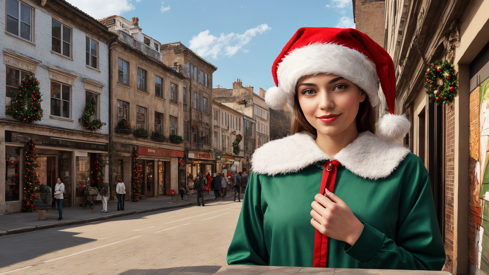 General 1920x1080 AI art Christmas Christmas clothes sky looking at viewer clouds Santa hats building sunlight fur trim fur women closed mouth smiling long sleeves Christmas ornaments  people sidewalks
