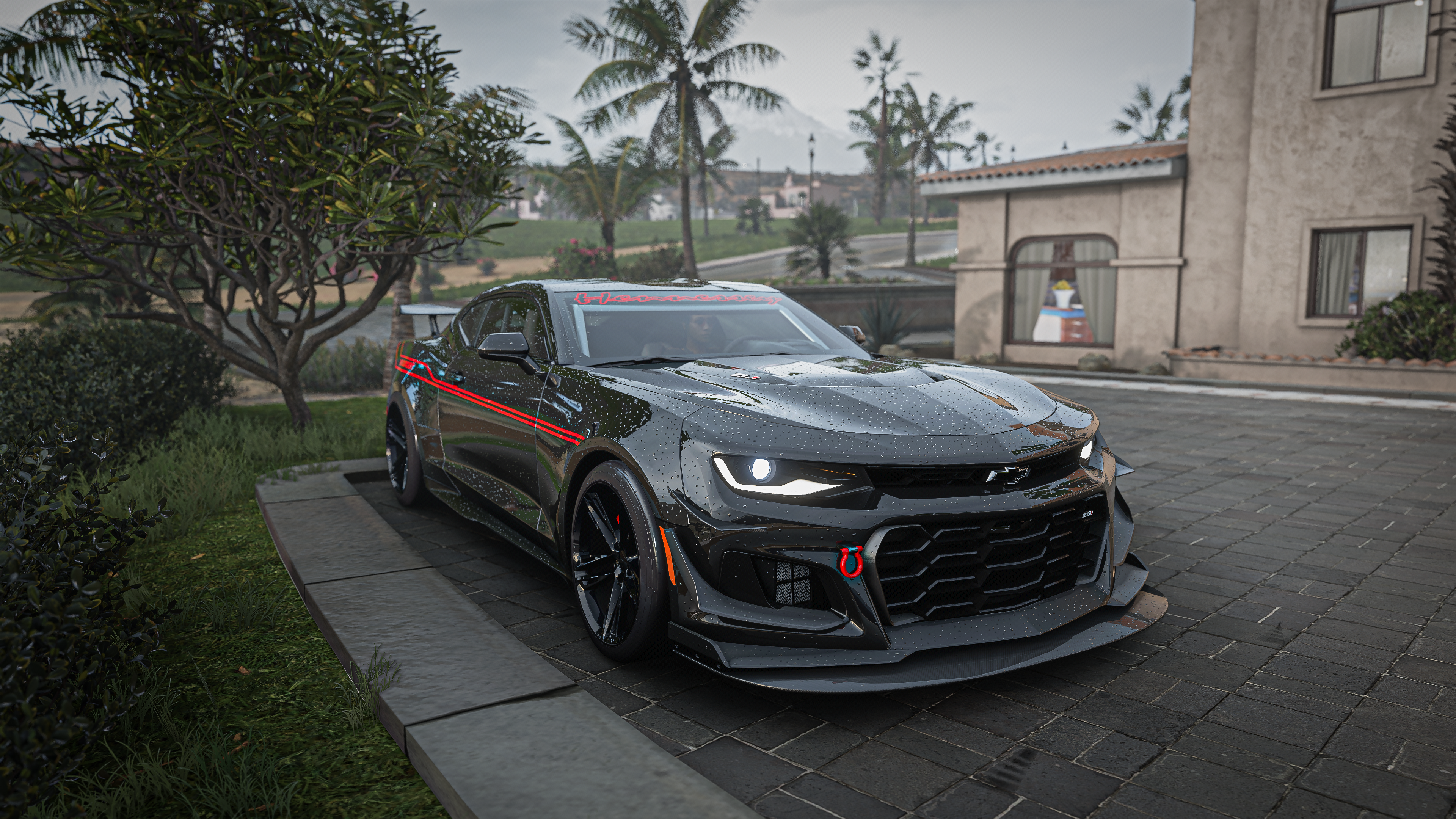 General 3840x2160 Forza Horizon 5 Forza Horizon Forza Hennessey video games palm trees race cars muscle cars American cars PlaygroundGames car headlights Horizon Festival vehicle Chevrolet Camaro video game art screen shot frontal view grass wet reflection CGI