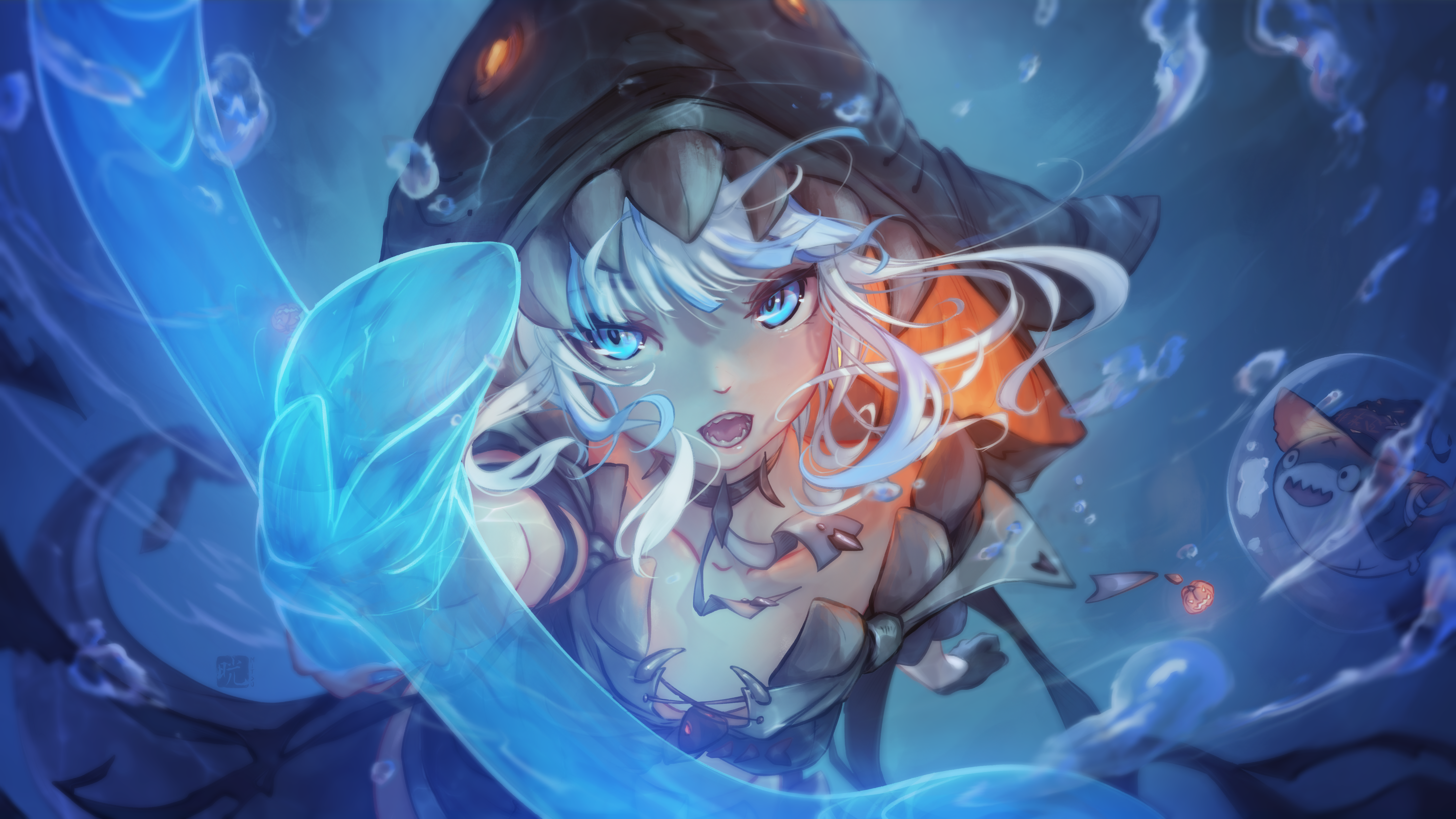 Anime 5760x3240 Mitsu Gawr Gura silver hair blue eyes Virtual Youtuber hoods pointy teeth small boobs looking at viewer in water open mouth underwater two tone hair long hair arms reaching gloves missing glove anime girls watermarked water animals Hololive