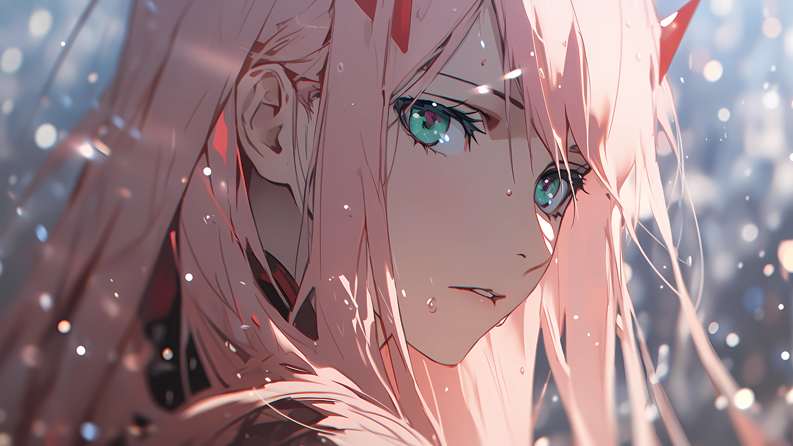 Anime 2560x1440 pink hair anime girls Darling in the FranXX Zero Two (Darling in the FranXX) AI art looking at viewer water drops blue eyes parted lips long hair anime digital art face depth of field wet closeup sunlight