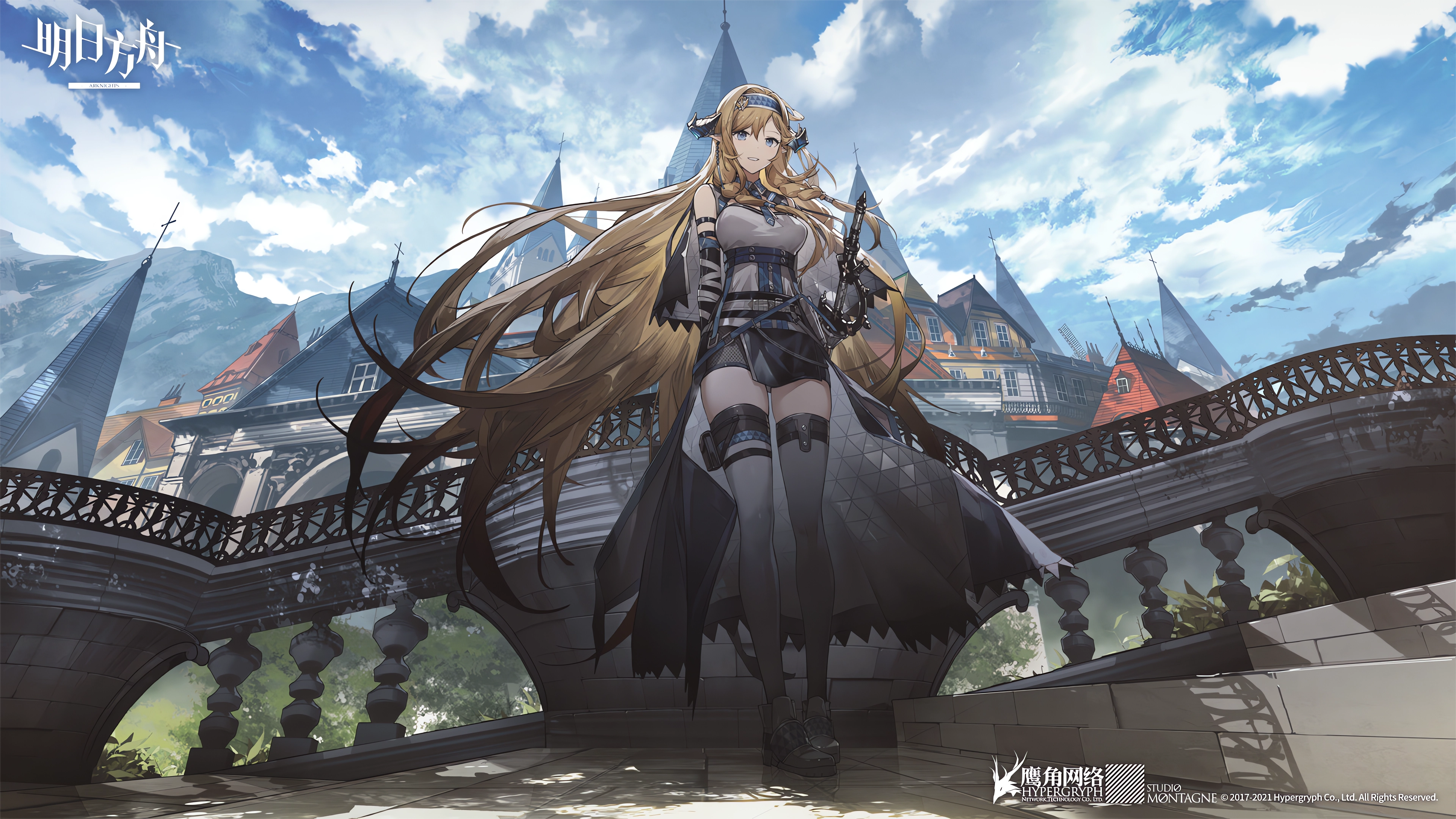Anime 3840x2160 anime anime girls Saileach(Arknights) sky Arknights clouds looking at viewer long hair watermarked building mountains parted lips pointy ears blonde blue eyes tailcoat sunlight wind horns women with swords sword hair blowing in the wind