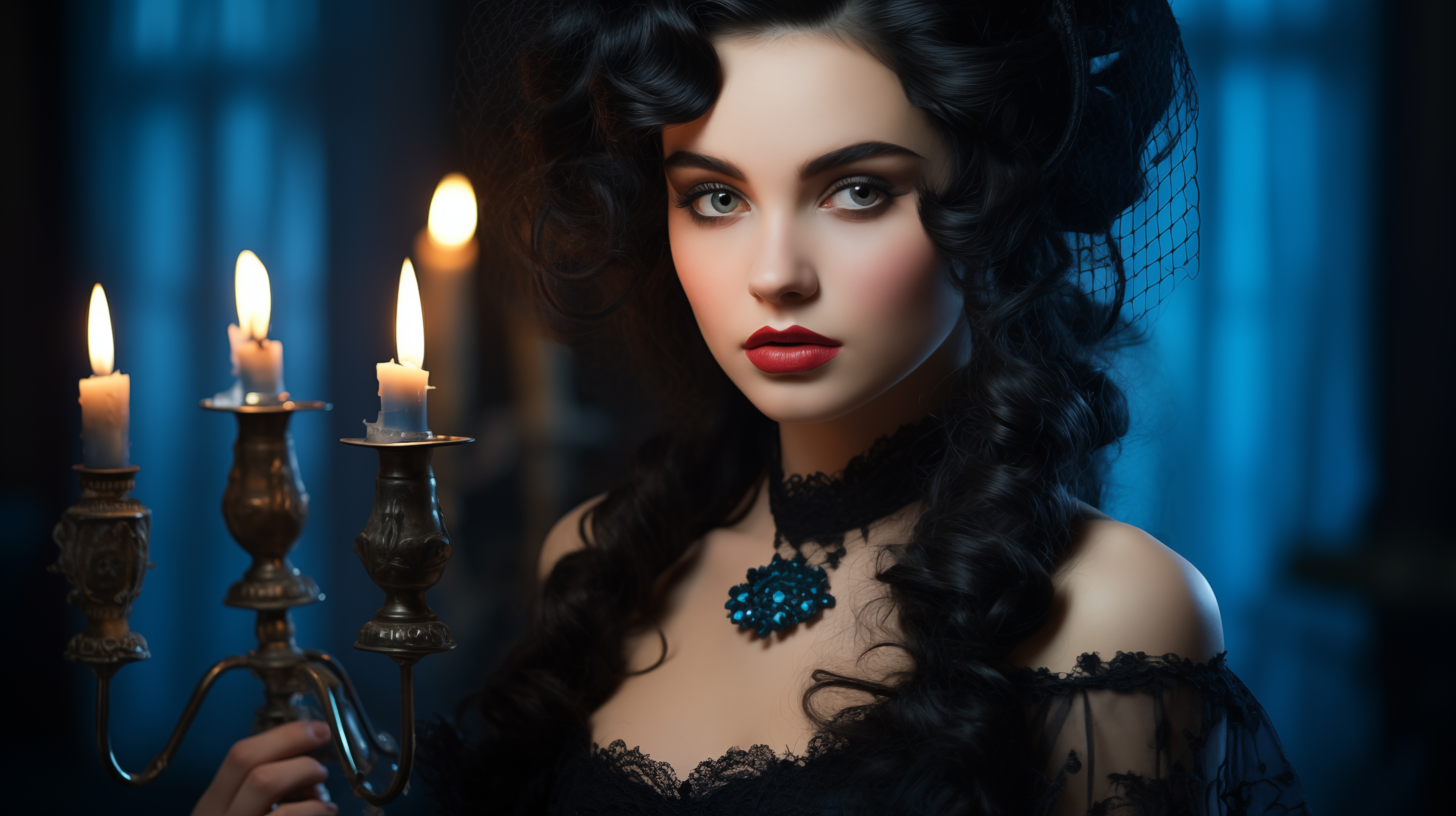 General 5824x3264 AI art digital art portrait women Victorian victorian clothes looking at viewer long hair indoors women indoors candles closed mouth bare shoulders dress blurred blurry background choker