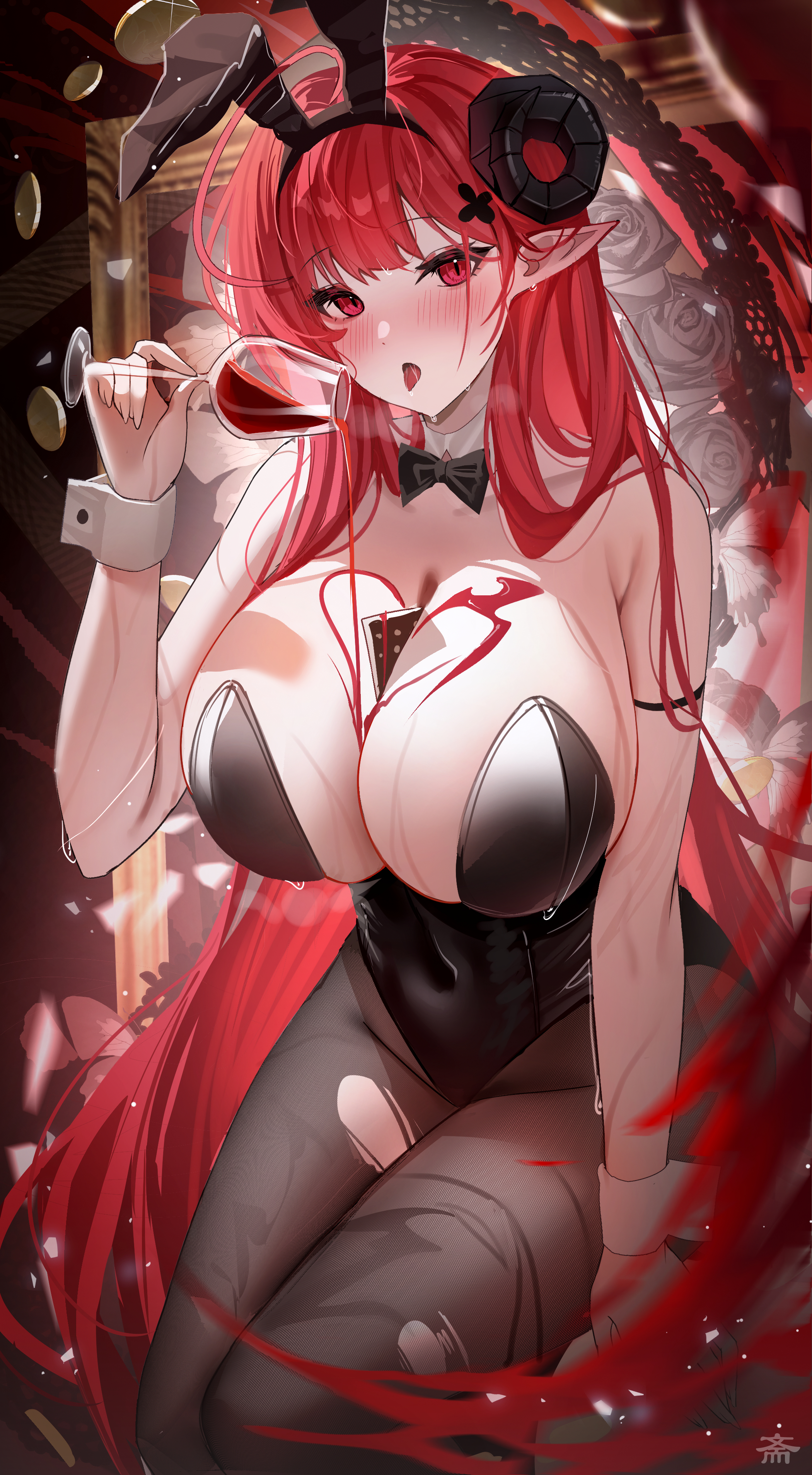 Anime 2100x3813 anime anime girls huge breasts Azur Lane Hindenburg (Azur Lane) cards item between boobs Tansuan portrait display looking at viewer long hair pointy ears tongue out open mouth pouring cleavage pantyhose torn pantyhose bow tie drinking glass bunny ears horns drink bangs wet body blushing wet rose ahoge redhead hair ornament drinking problems glass collarbone bunny suit