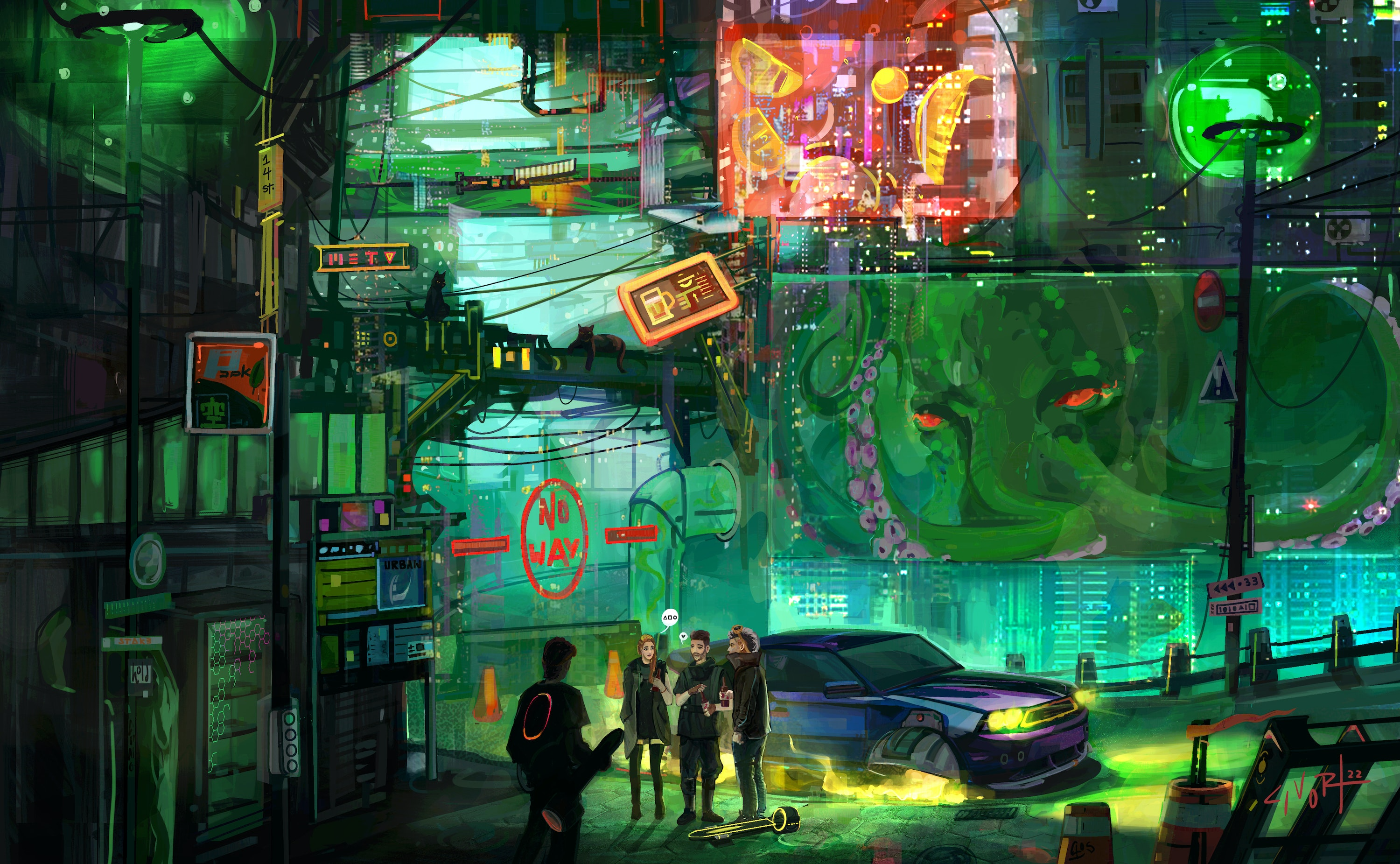 General 3000x1851 Civort digital art artwork illustration painting city street green cyberpunk vehicle futuristic speech bubble car headlights traffic cone squids sign jacket signature
