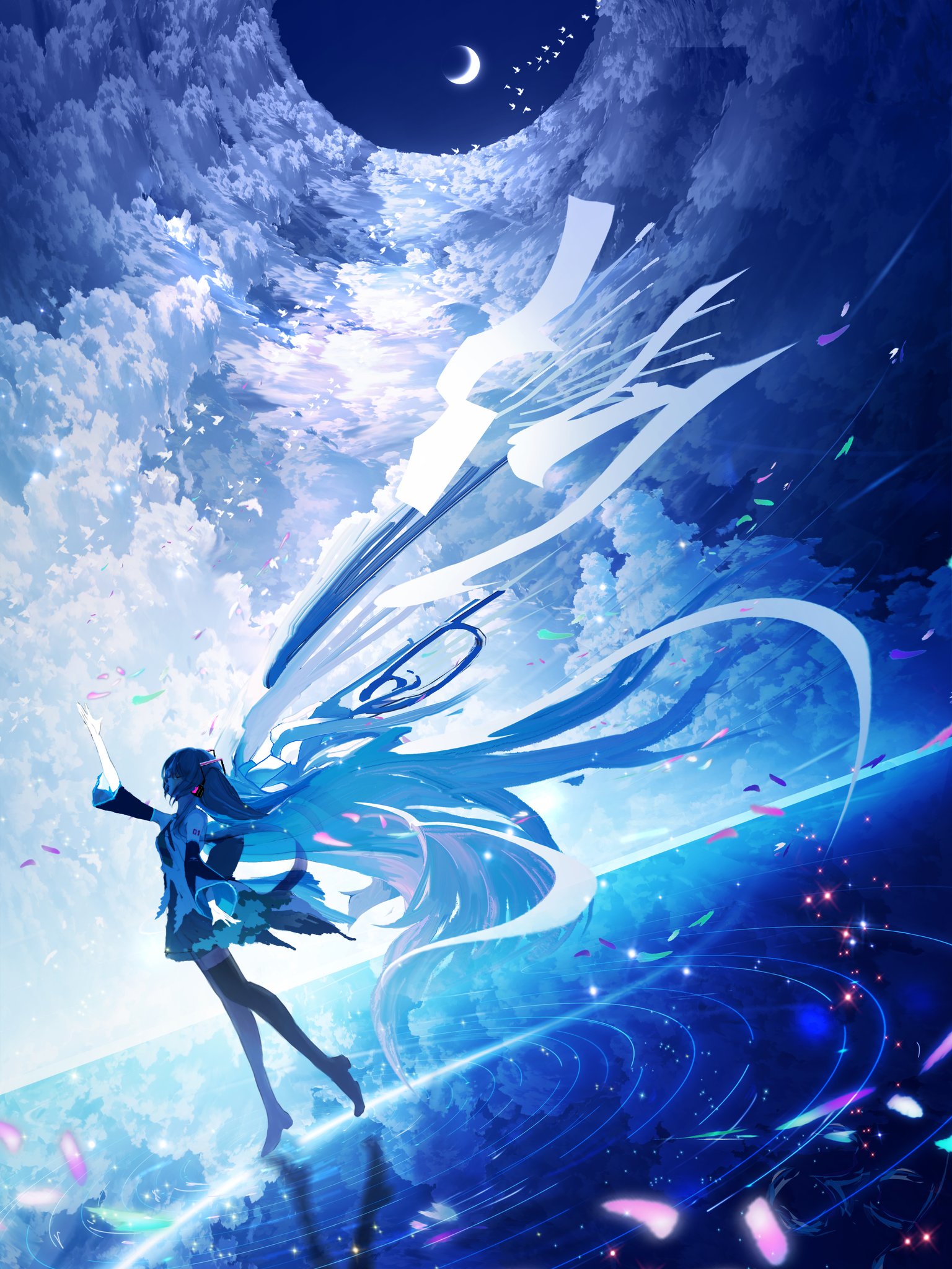 Anime 1536x2048 anime anime girls Hatsune Miku Vocaloid makoron117 long hair portrait display reflection crescent moon Moon sparkles detached sleeves arms reaching petals wide sleeves clouds scenery tattoo sky standing water twintails one arm up thigh-highs