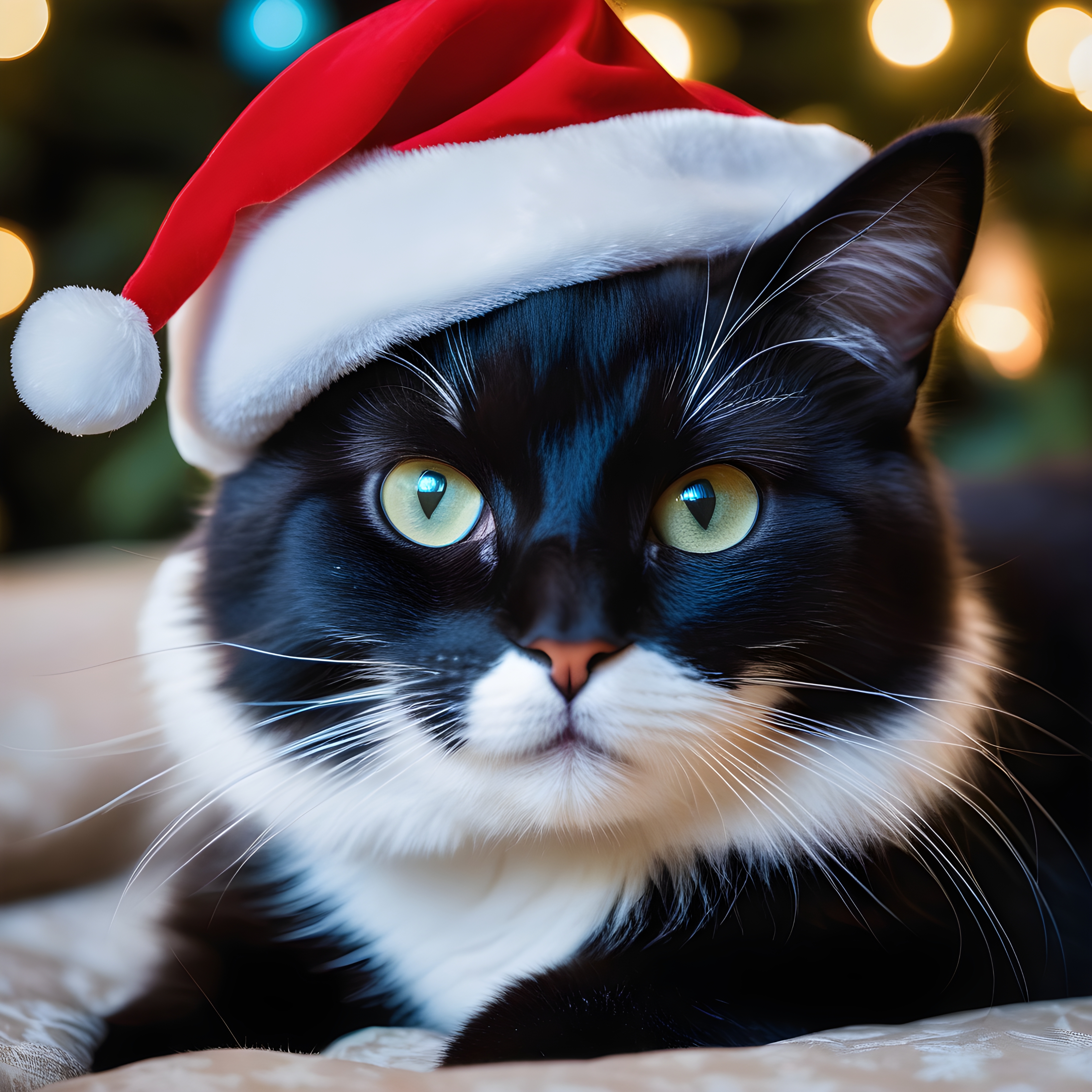 General 3264x3264 OneFinalHug cats Christmas Santa hats AI art looking at viewer digital art animals whiskers bokeh fur blurred blurry background depth of field