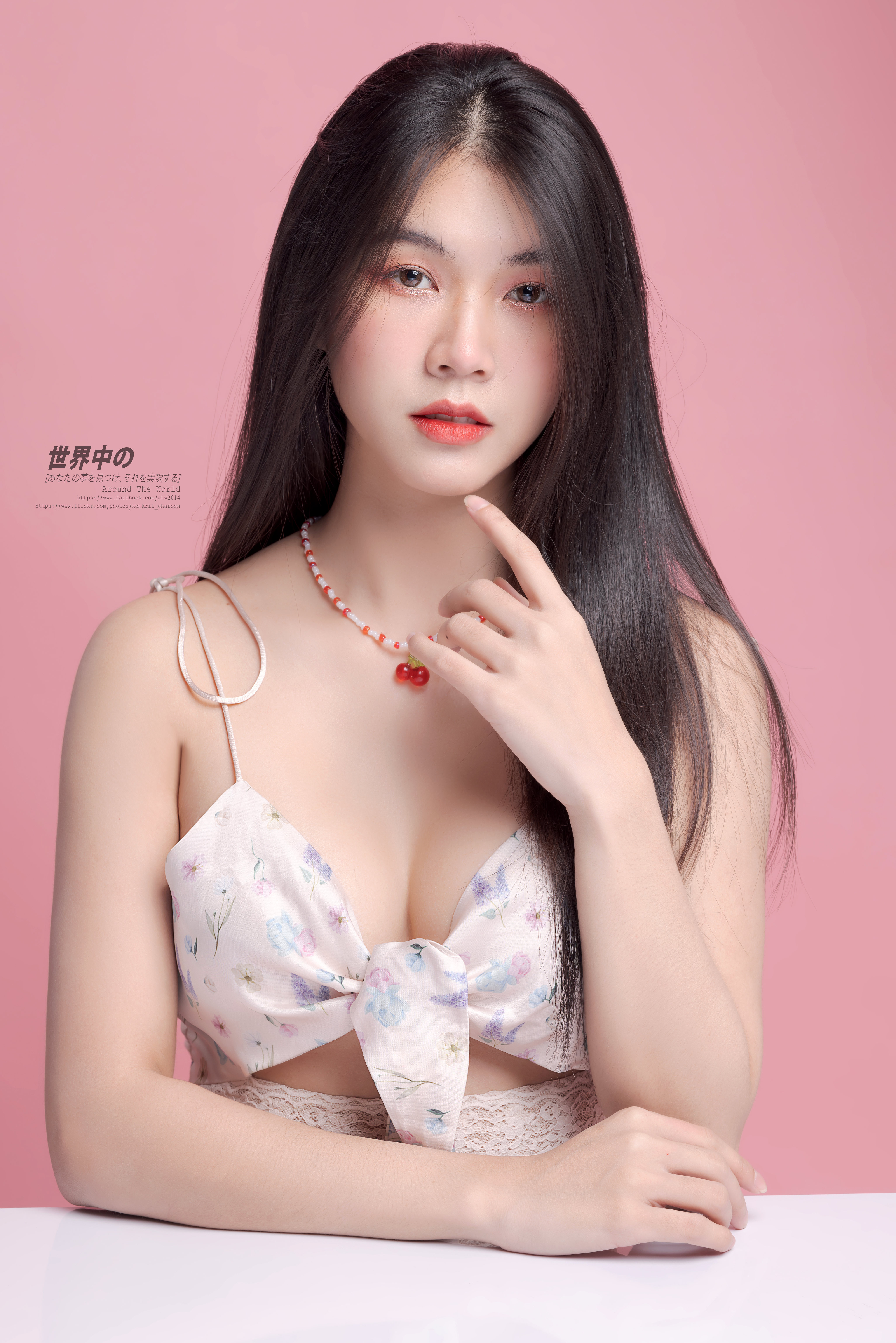 People 4098x6144 Komkrit Charoen women Asian makeup pink parted lips sensual gaze straight hair long hair studio simple background indoors women indoors pink background necklace frontal view Japanese