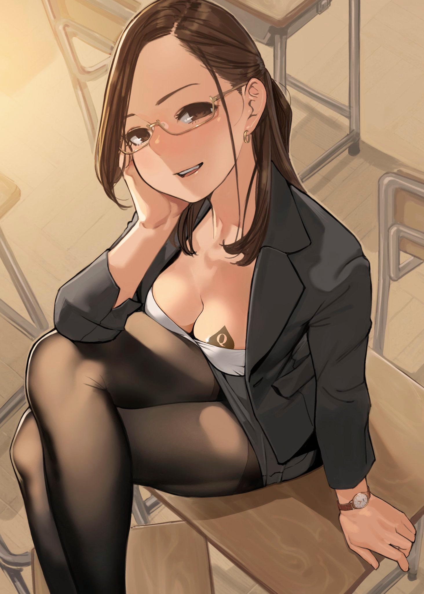 Anime 1464x2048 Queen of Spades women smiling anime girls fictional character boobs looking at viewer desk glasses women with glasses brunette brown eyes resting head head tilt cleavage legs crossed pantyhose black pantyhose watch sitting teeth sunlight earring long hair yomu