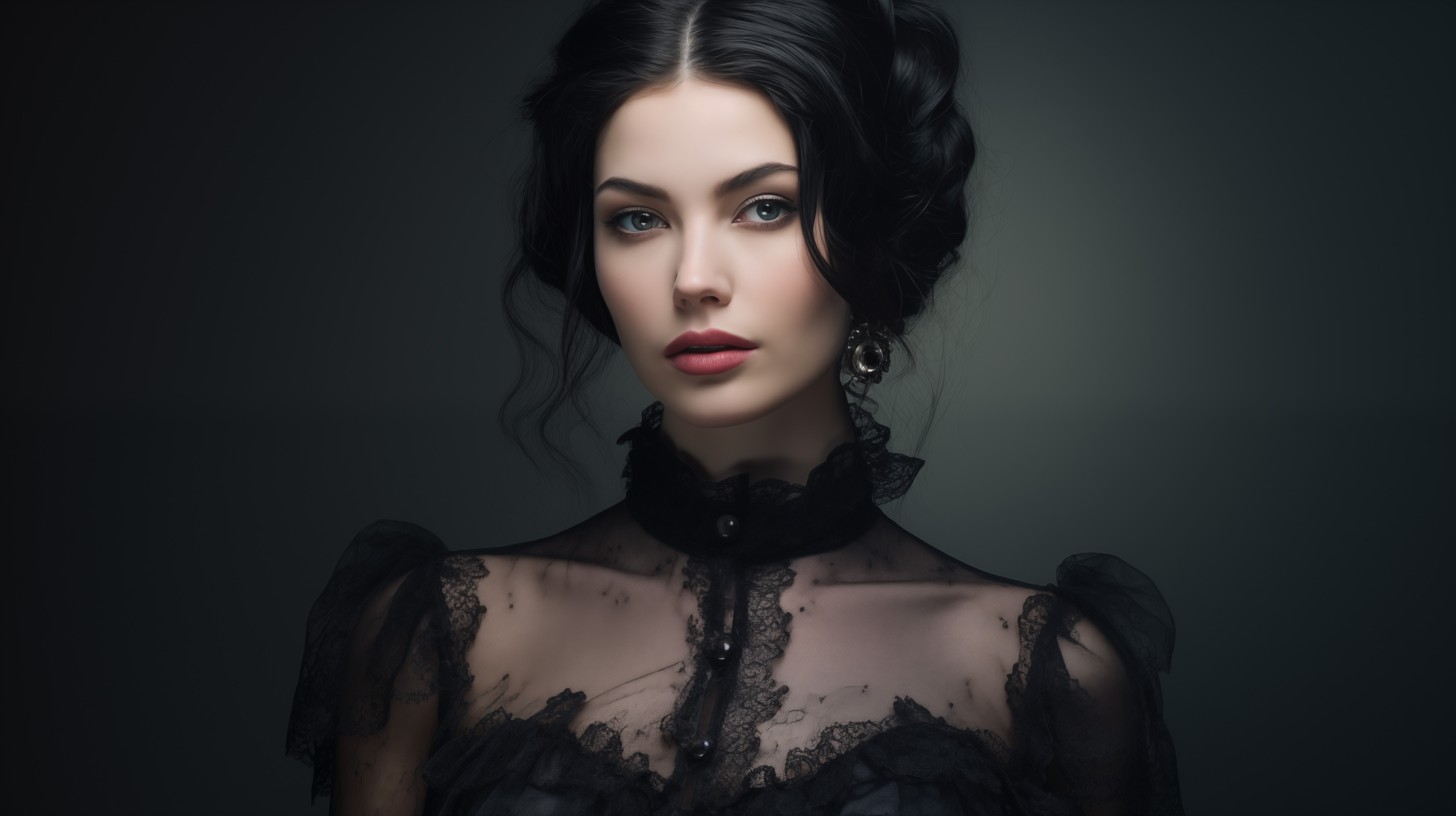 General 5824x3264 AI art portrait Victorian victorian clothes gothic looking at viewer women minimalism digital art dress parted lips juicy lips earring