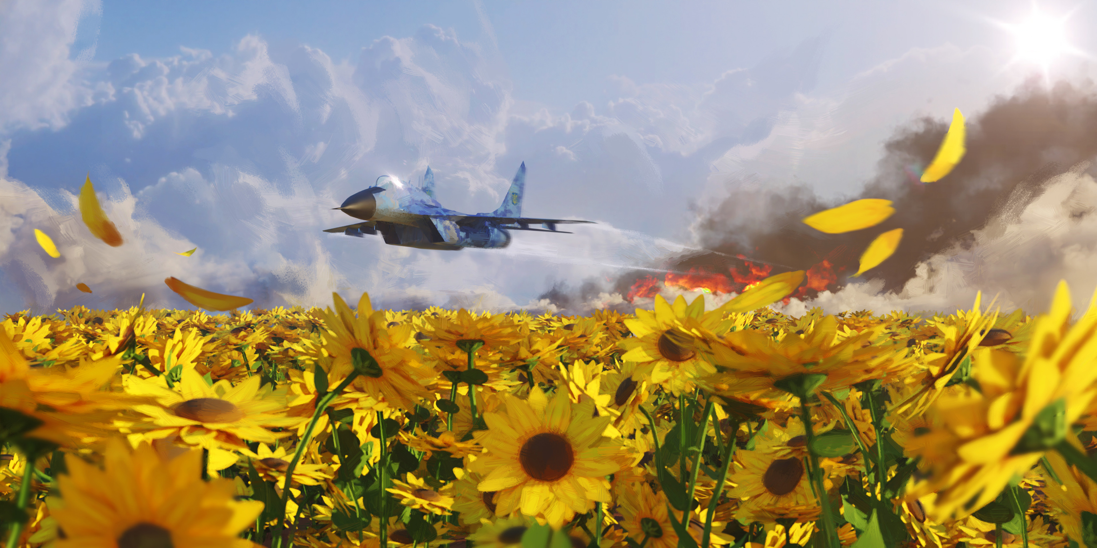 General 3840x1920 Rostyslav Zagornov painting digital art artwork illustration airplane flowers clouds flying sunflowers nature field sky petals sunlight