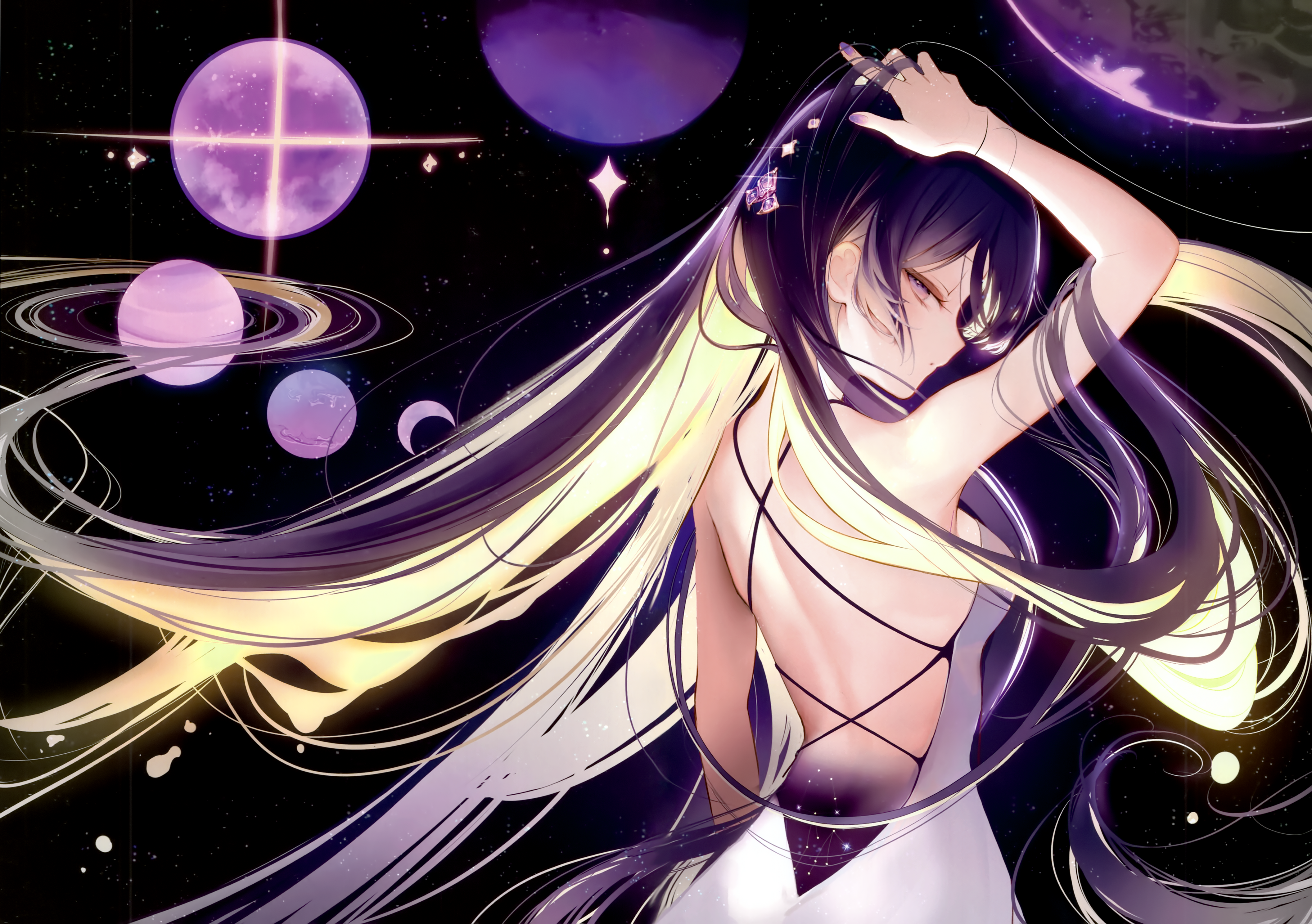 Anime 4227x2978 anime girls anime long hair looking at viewer purple eyes two tone hair space planet back sideboob closed mouth hands in hair purple nails dress Saturn stars