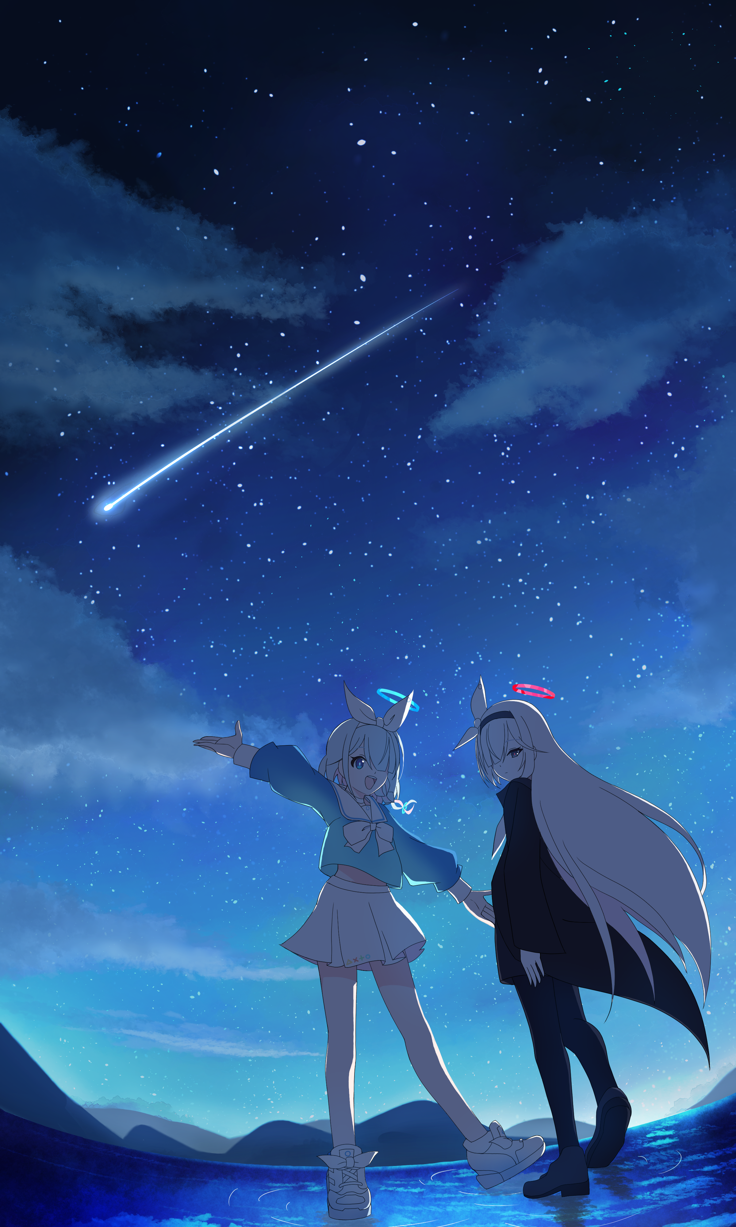 Anime 2400x4000 arona (blue archive) Plana (Blue Archive) night dark background fan art portrait display standing Blue Archive anime girls looking at viewer stars hair over one eye anime outdoors women outdoors shooting stars clouds sky