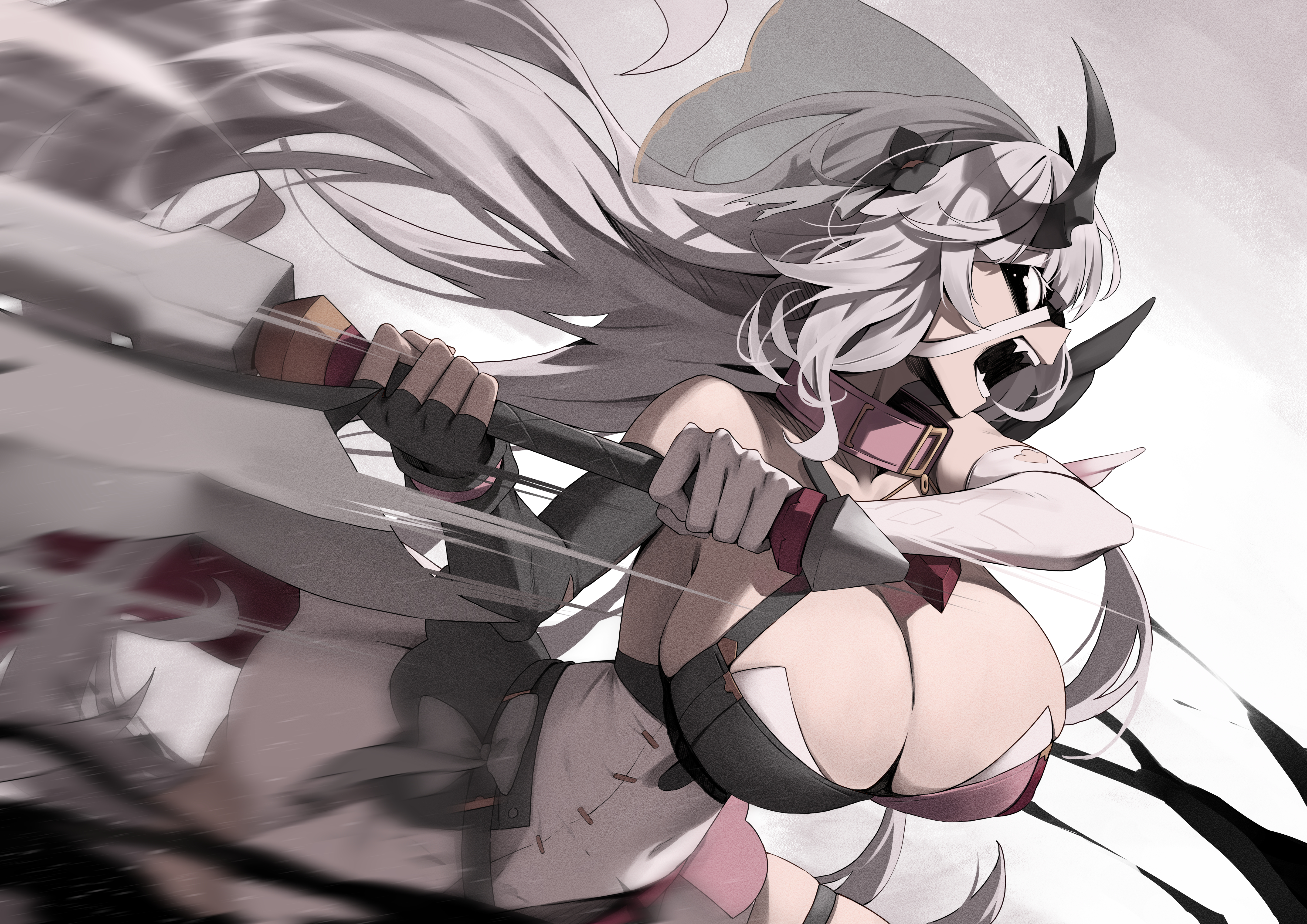 Anime 5613x3969 anime anime girls karadborg huge breasts open mouth cleavage bare shoulders long hair looking away Epic Seven Yufine (epic seven) horns mismatched gloves gloves elbow gloves fangs collar weapon teeth Skindentation leg ring