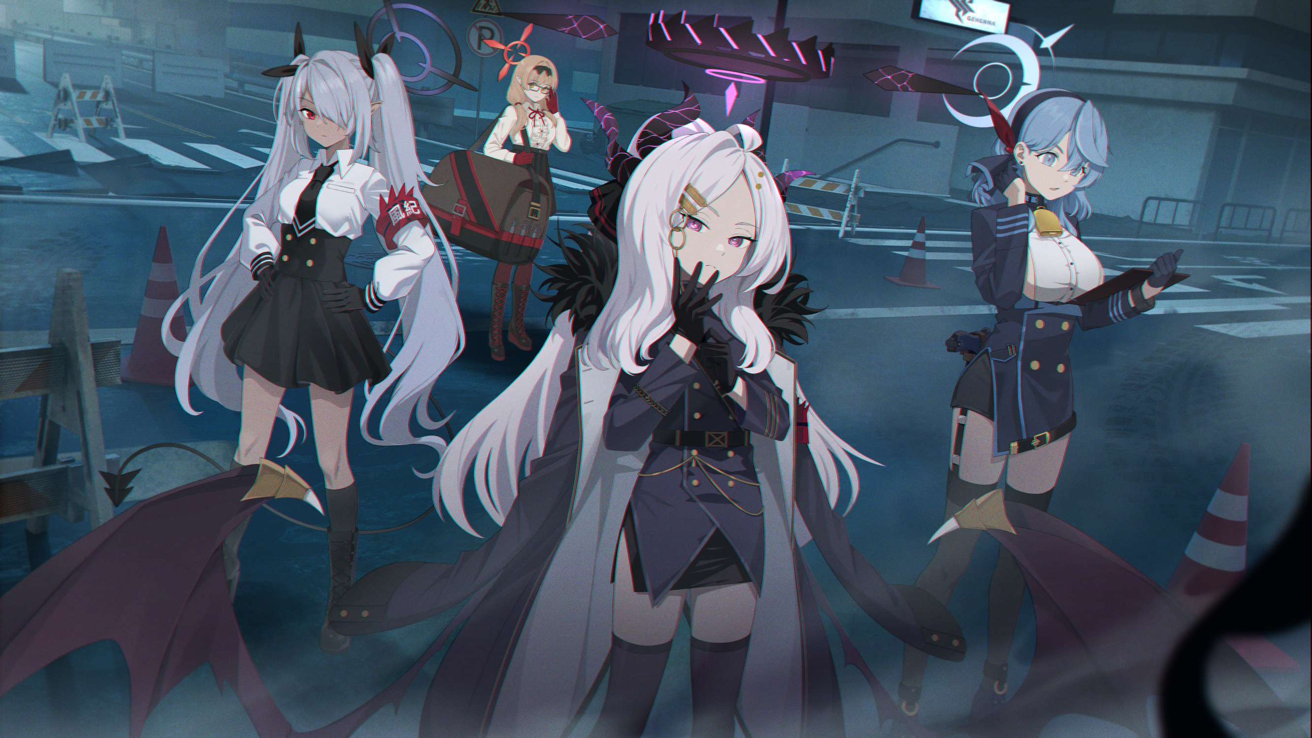 Anime 2664x1500 anime anime girls chou xxx Blue Archive Amau Ako (Blue Archive) Sorasaki Hina (Blue Archive) Hinomiya Chinatsu wings Shiromi Iori standing looking at viewer gloves black gloves long hair hair over one eye horns hair ribbon twintails hands on hips long sleeves garter straps stockings traffic cone hair ornament gray hair pointy ears red eyes blue hair glasses women with glasses sideboob big boobs bells uniform street earring tie thighs coats crosswalk red gloves hairband bag