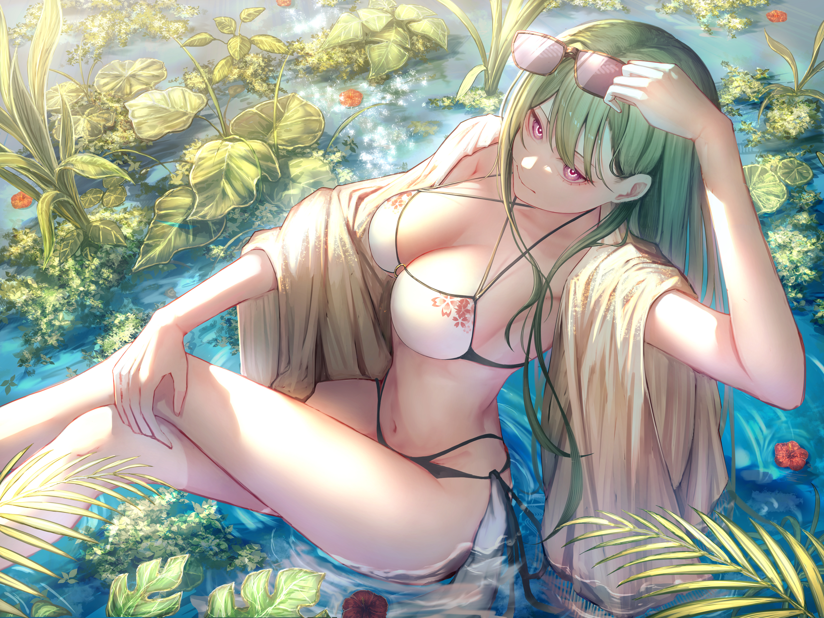 Anime 2800x2100 Virtual eSports Project (VSPO!) Yakumo Beni big boobs looking at viewer plants bikini women outdoors sunlight purple eyes sunglasses hibiscus flowers green hair legs crossed leaves water one arm up Mizu (sui) swimwear cleavage long hair armpits smiling sitting belly button thighs outdoors anime girls shallow water