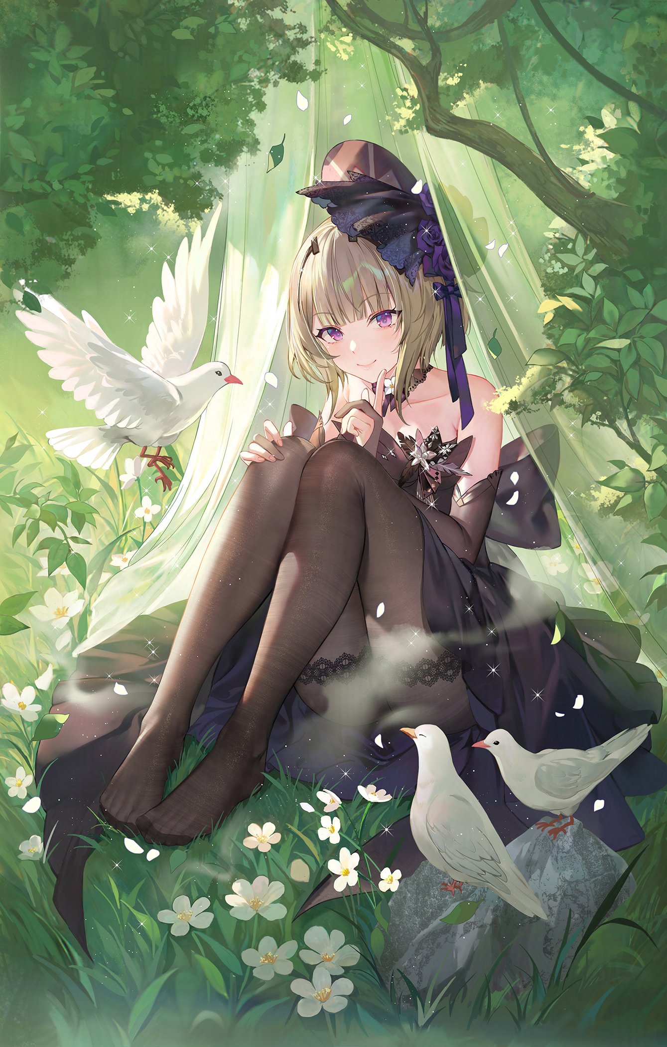 Anime 1339x2100 anime girls portrait display purple hair closed mouth smiling black pantyhose looking at viewer nature bare shoulders short hair women outdoors sitting cleavage thighs together black dress elbow gloves black gloves headdress shiny clothing flowers white flowers petals trees Criin dress plants birds dove grass veils leaves