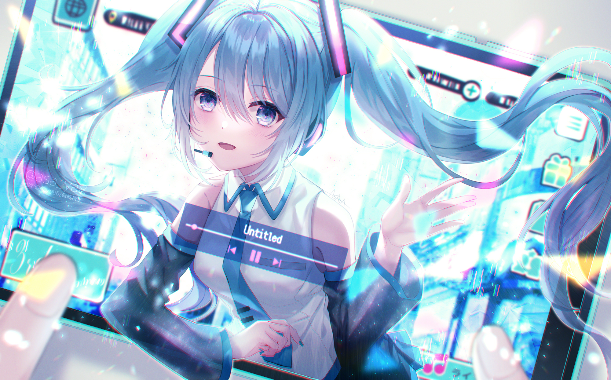 Anime 2000x1244 anime anime girls Hatsune Miku Vocaloid asa_ya8 open mouth hair between eyes twintails bare shoulders long hair blue hair blue eyes looking at viewer blushing depth of field sleeveless Project Sekai Colorful Stage! feat. Hatsune Miku fingers blue nails