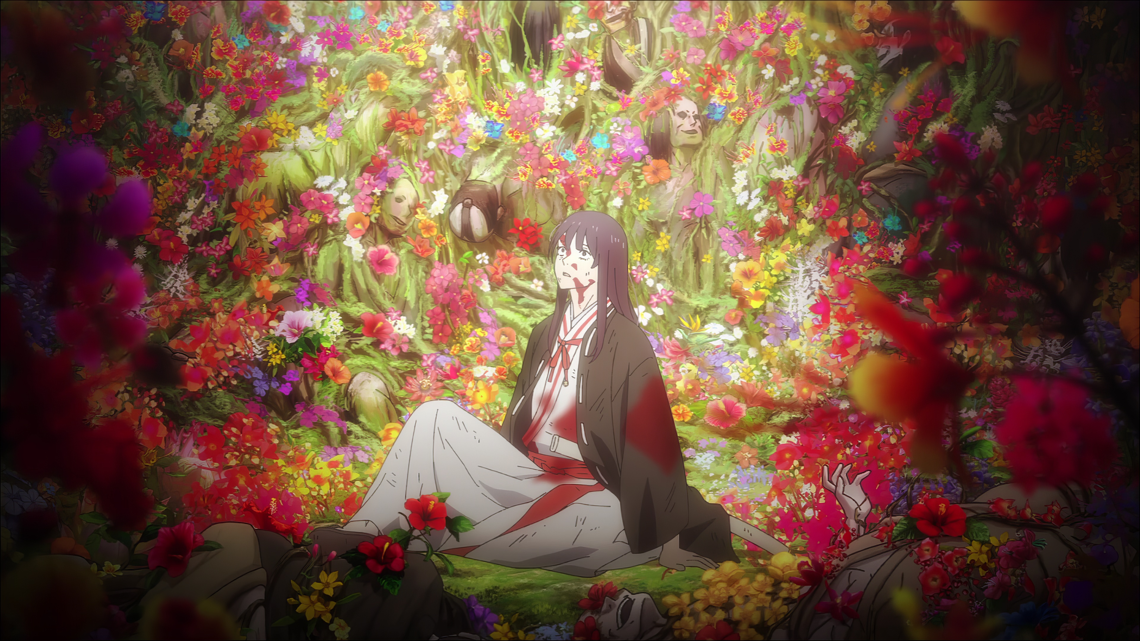 Anime 3840x2160 Hell's Paradise: Jigokuraku anime Anime screenshot anime boys flowers blood kimono hands long hair