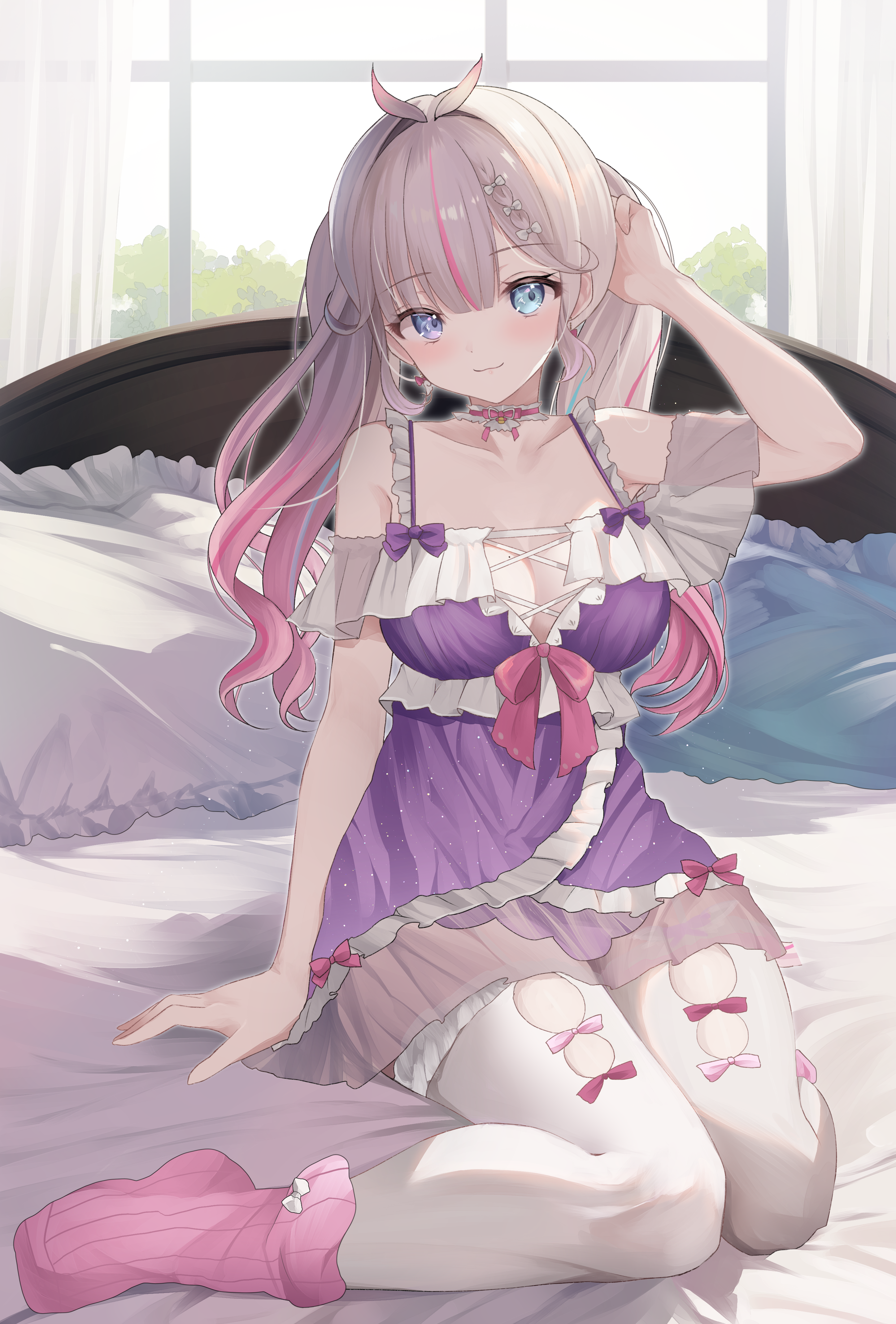 Anime 2894x4277 anime anime girls kurage_cc portrait display looking at viewer in bed bent legs heterochromia two tone hair gradient hair indoors women indoors long hair hand(s) in hair window curtains blushing closed mouth smiling cleavage pantyhose pink socks socks hair ornament choker sunlight twintails bare shoulders bed pillow frills hair bows bangs
