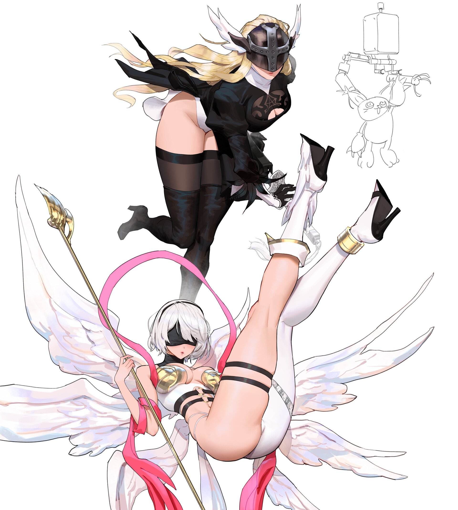 General 1920x2140 portrait display Digimon crossover thigh strap heels simple background thighs ass legs short hair long hair white background mask angewomon minimalism 2B (Nier: Automata) wings Wonbin Lee digital art blindfold drawing women two women shoe sole