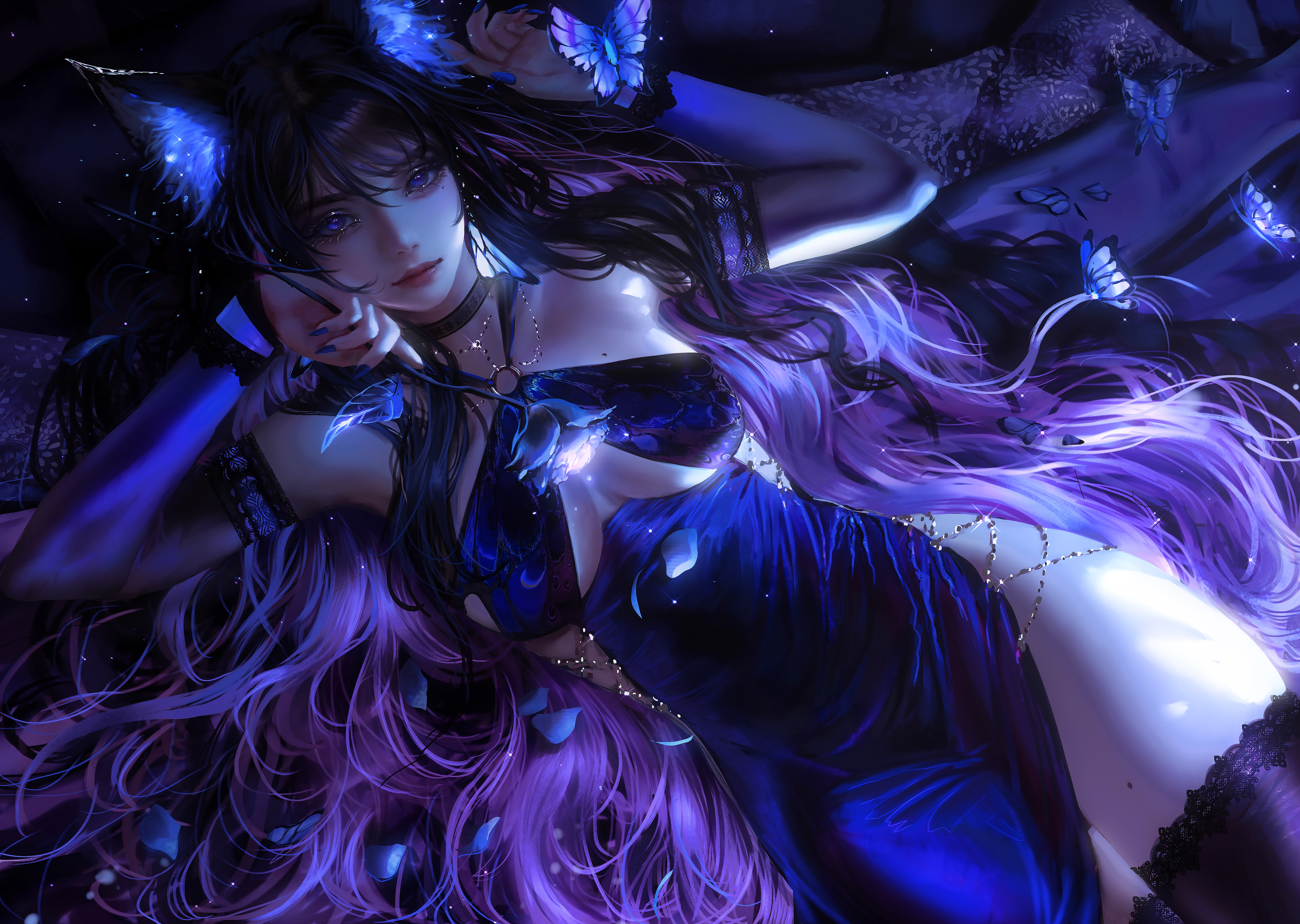General 6000x4266 Nixeu digital art artwork illustration fantasy art fantasy girl animal ears underboob blue long hair blue hair looking at viewer butterfly lying down dress blue dress moles lying on back insect hair spread out thighs closed mouth stockings choker