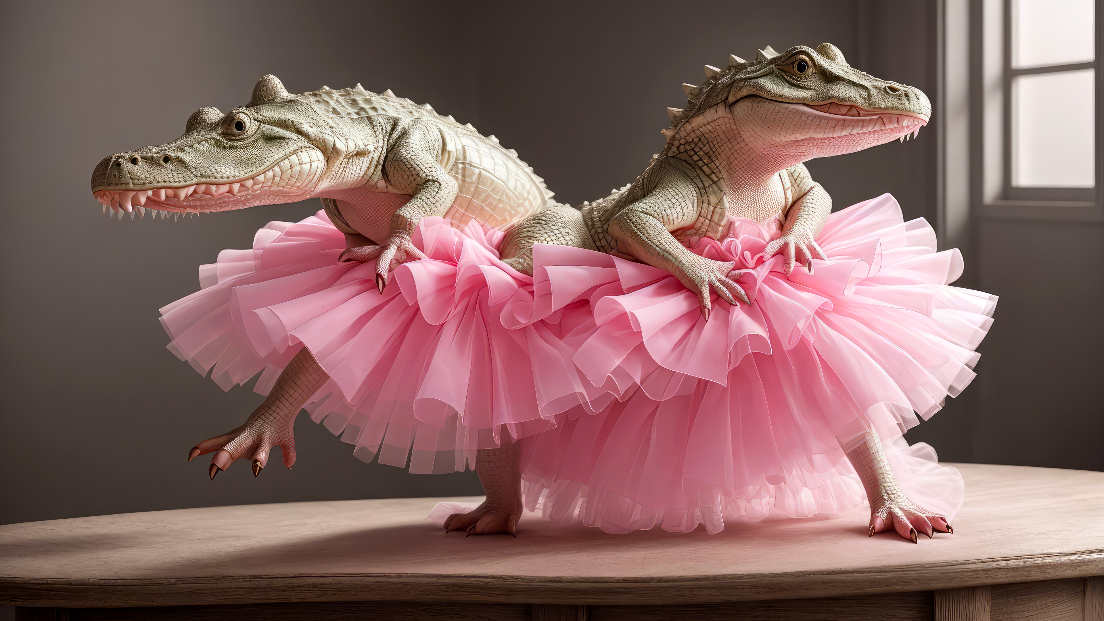 General 3840x2160 crocodiles pink tutu dancing humor teeth scaly AI art digital art skirt frills animals indoors claws table window
