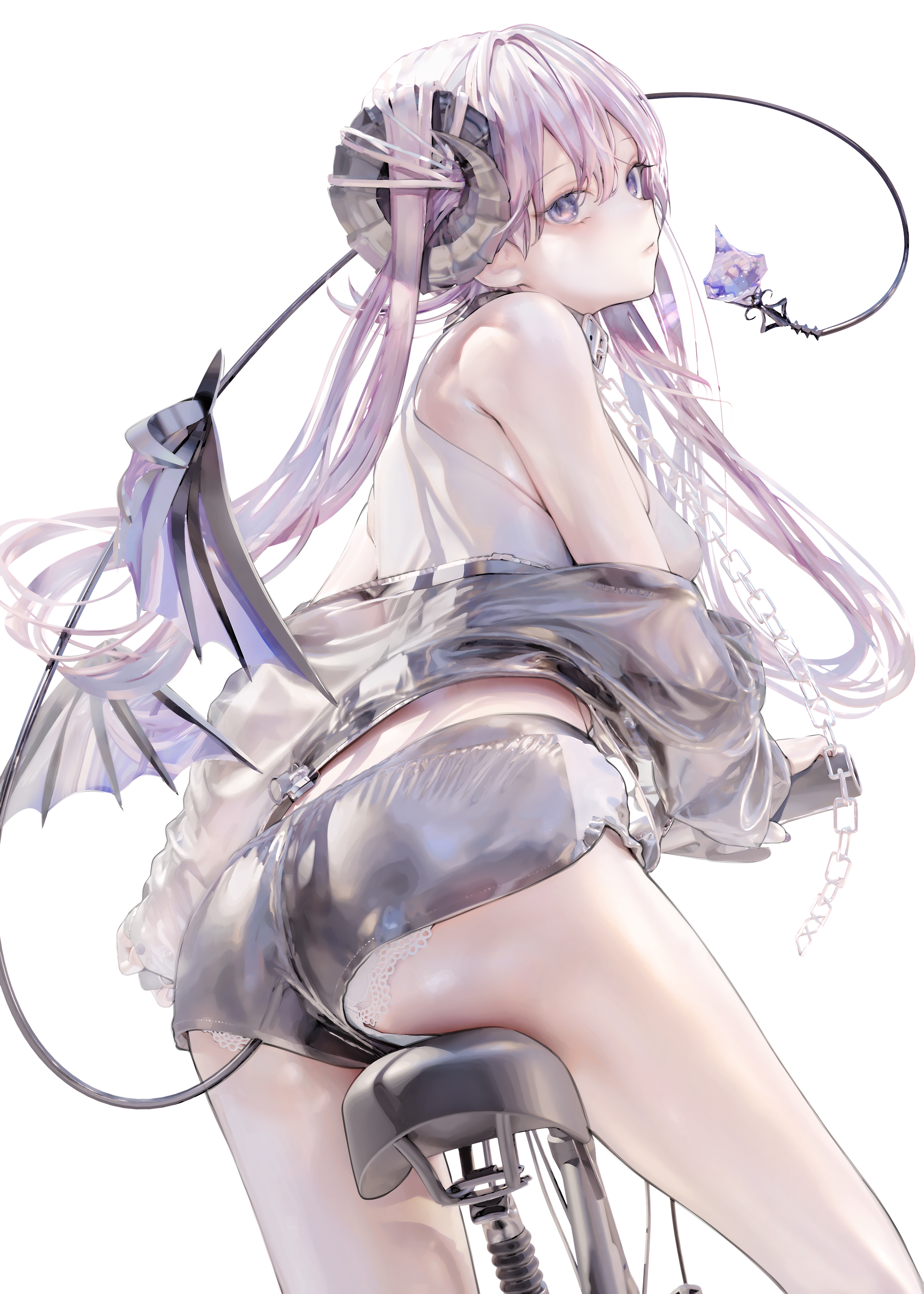 Anime 4344x6080 anime anime girls Iijima Masashi ass looking at viewer horns looking back long hair simple background seat white background wings minimalism blue eyes short shorts demon girls demon horns sitting hair between eyes panties chains tail thighs bicycle rear view