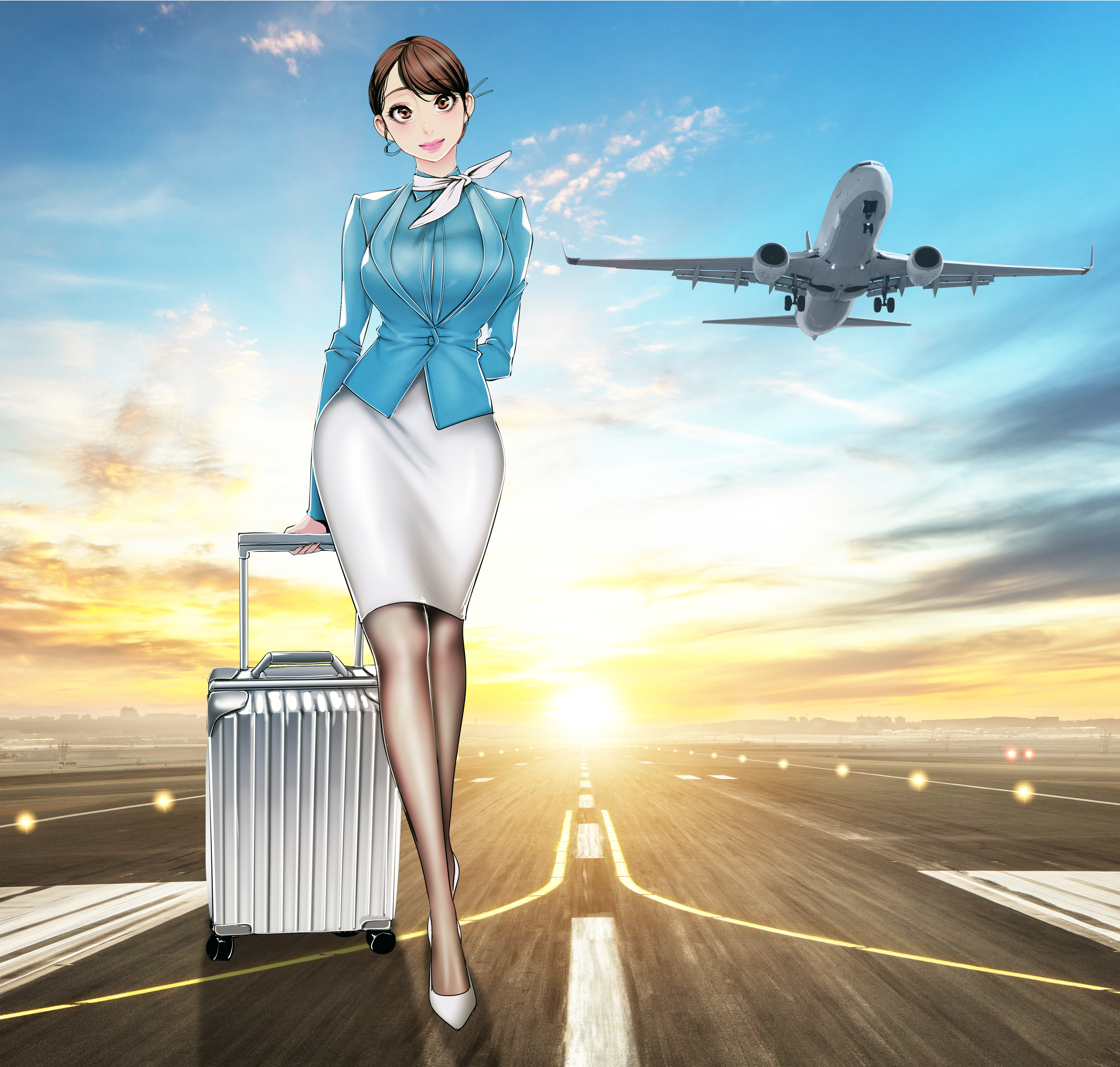 Anime 4200x4000 flight attendant airplane suitcase looking at viewer anime girls sunlight sunset sunset glow aircraft clouds sky luggage pantyhose heels short hair brunette brown eyes runway closed mouth smiling arm(s) behind back lights Sun