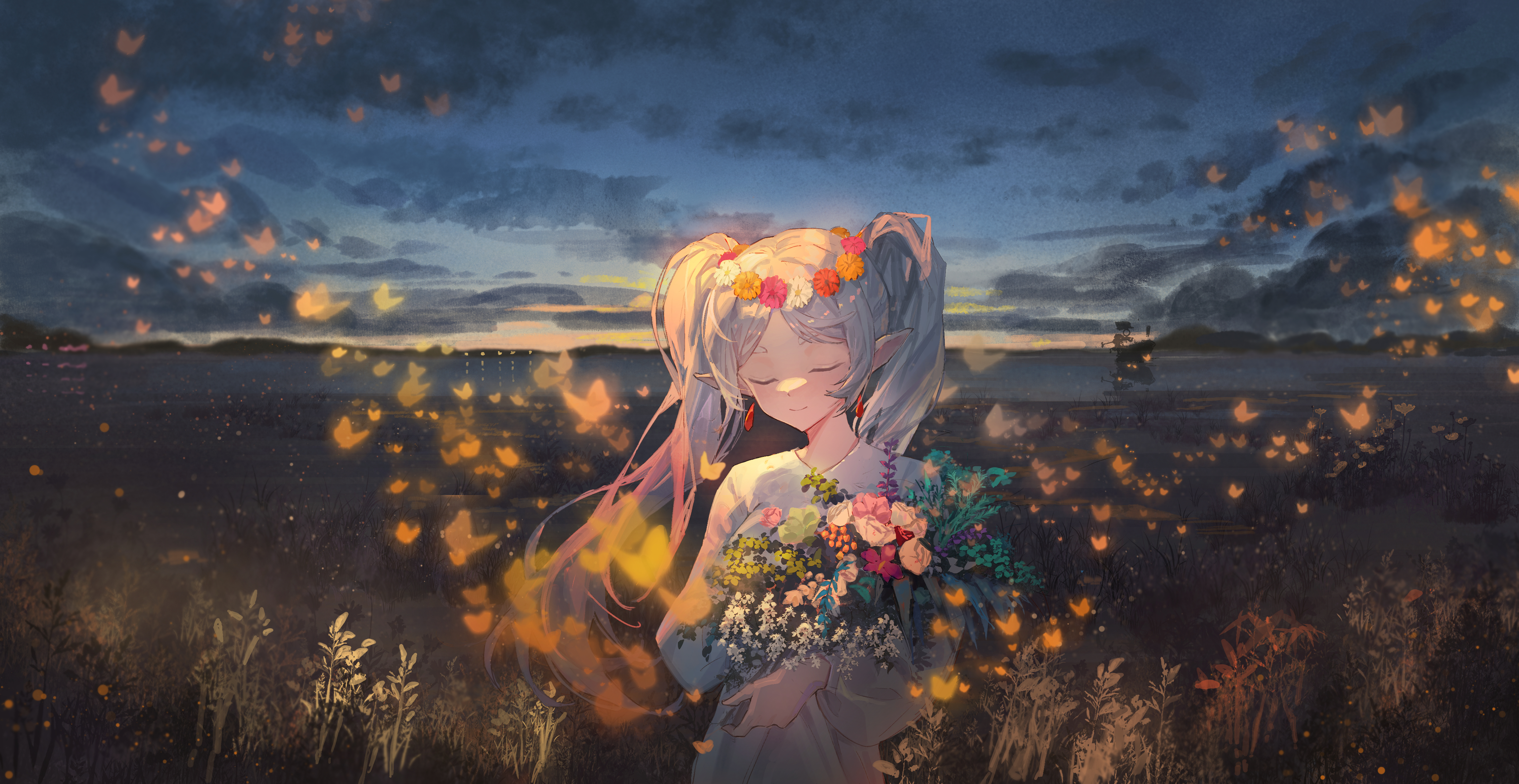 Anime 4524x2336 anime anime girls flowers pointy ears flower crown field Sousou No Frieren Frieren butterfly twintails hexane_C6_H14 sky closed eyes long hair closed mouth smiling earring clouds outdoors women outdoors flower in hair standing