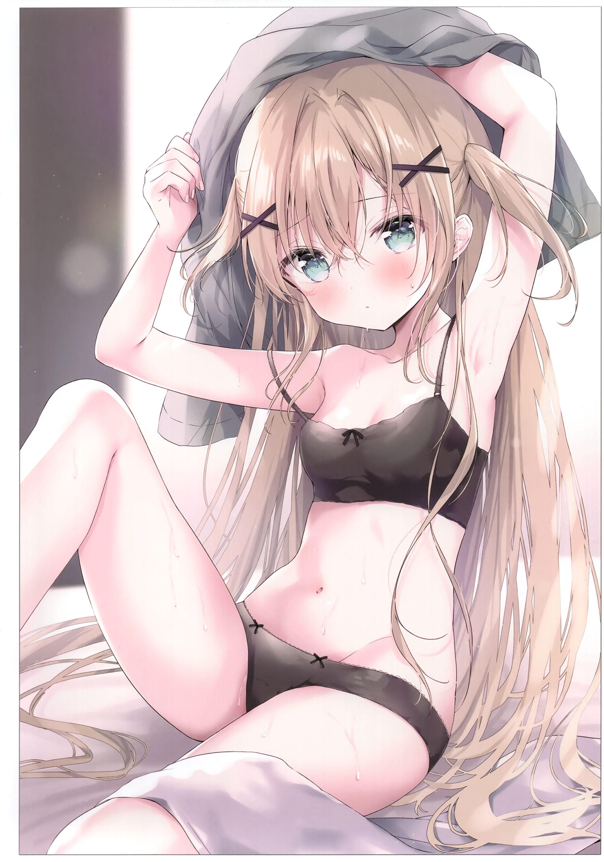 Anime 2105x3002 anime anime girls Amedamacon blushing looking at viewer loli long hair portrait display hair between eyes sweat underwear small boobs indoors women indoors arms up armpits hair ornament blonde blue eyes in bed bed off shoulder