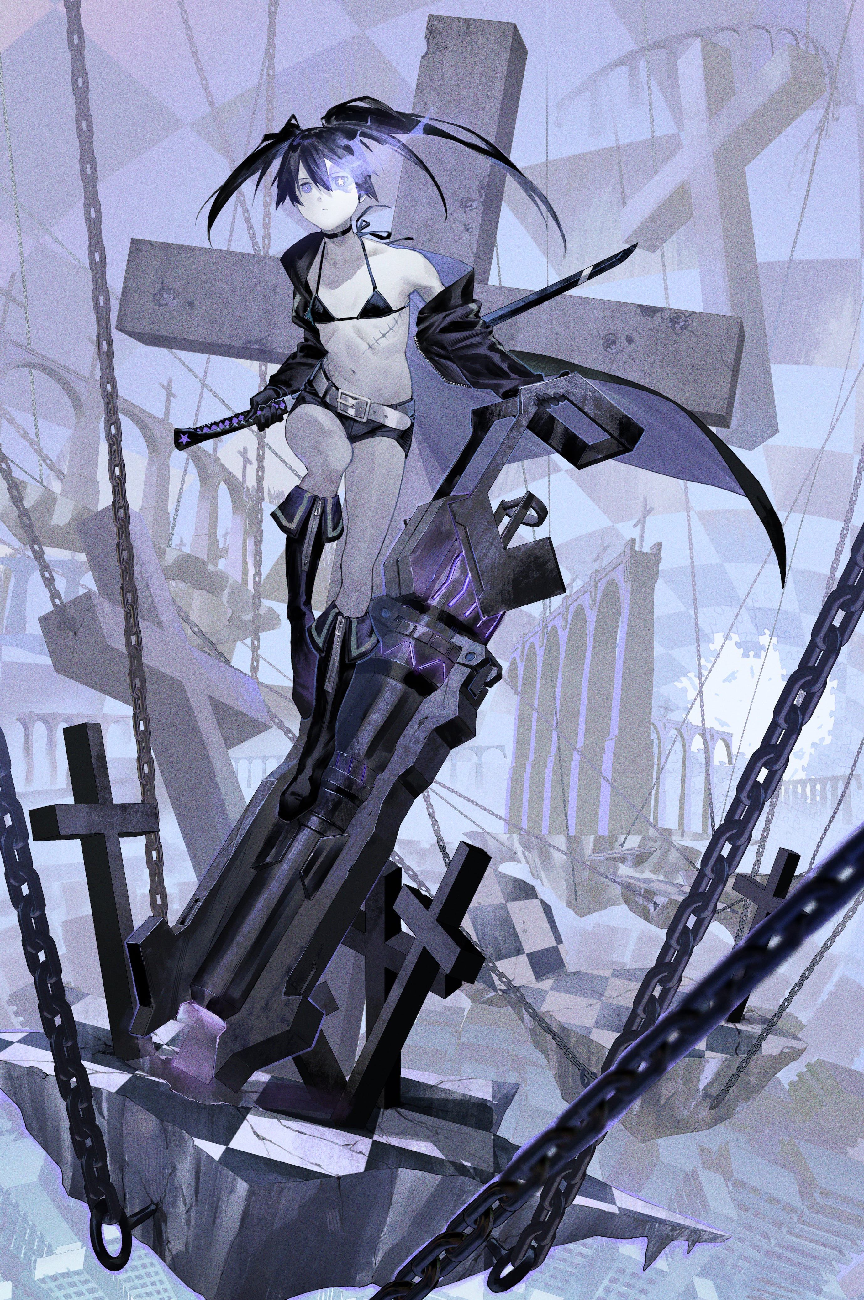 Anime 2756x4148 matsukenmanga anime anime girls solo weapon cross ruins black hair long hair standing black bras black pants bare shoulders bare bottom boots noise Black Rock Shooter portrait display twintails small boobs scars sword women with swords Mato Kuroi skimpy clothes closed mouth choker chains