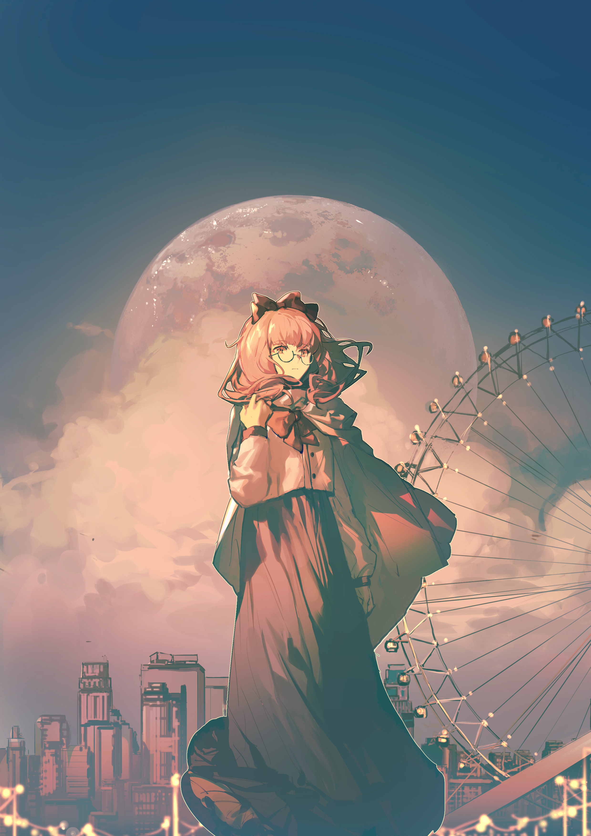 Anime 2480x3508 Lobelia anime anime girls Moon glasses women with glasses portrait display standing hair blowing in the wind ferris wheel clouds building sky wind closed mouth looking away long sleeves brunette brown eyes hair bows