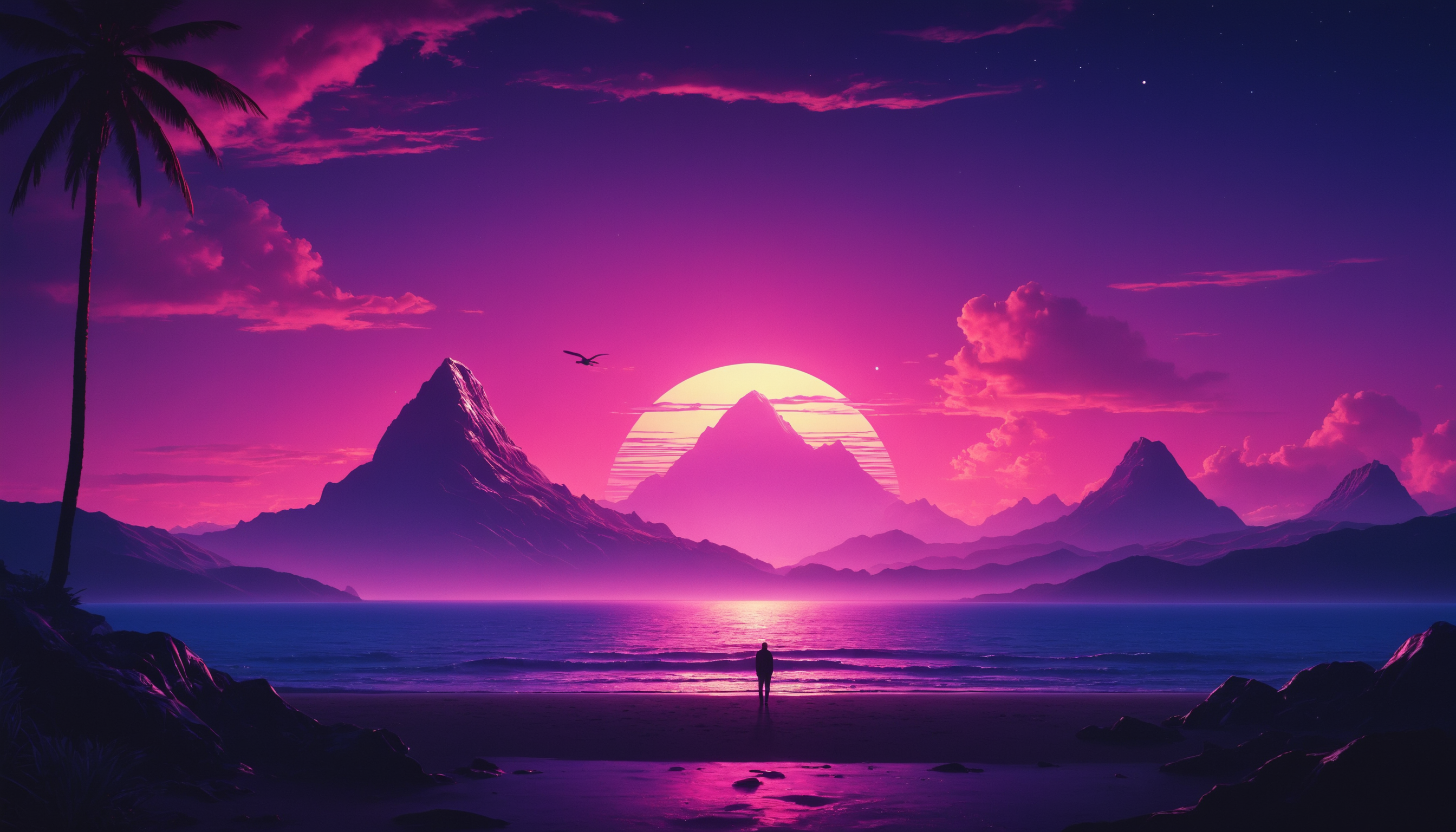 General 2688x1536 AI art synthwave silhouette sunset colorful palm trees water mountains standing sea waves Sun sunset glow sky